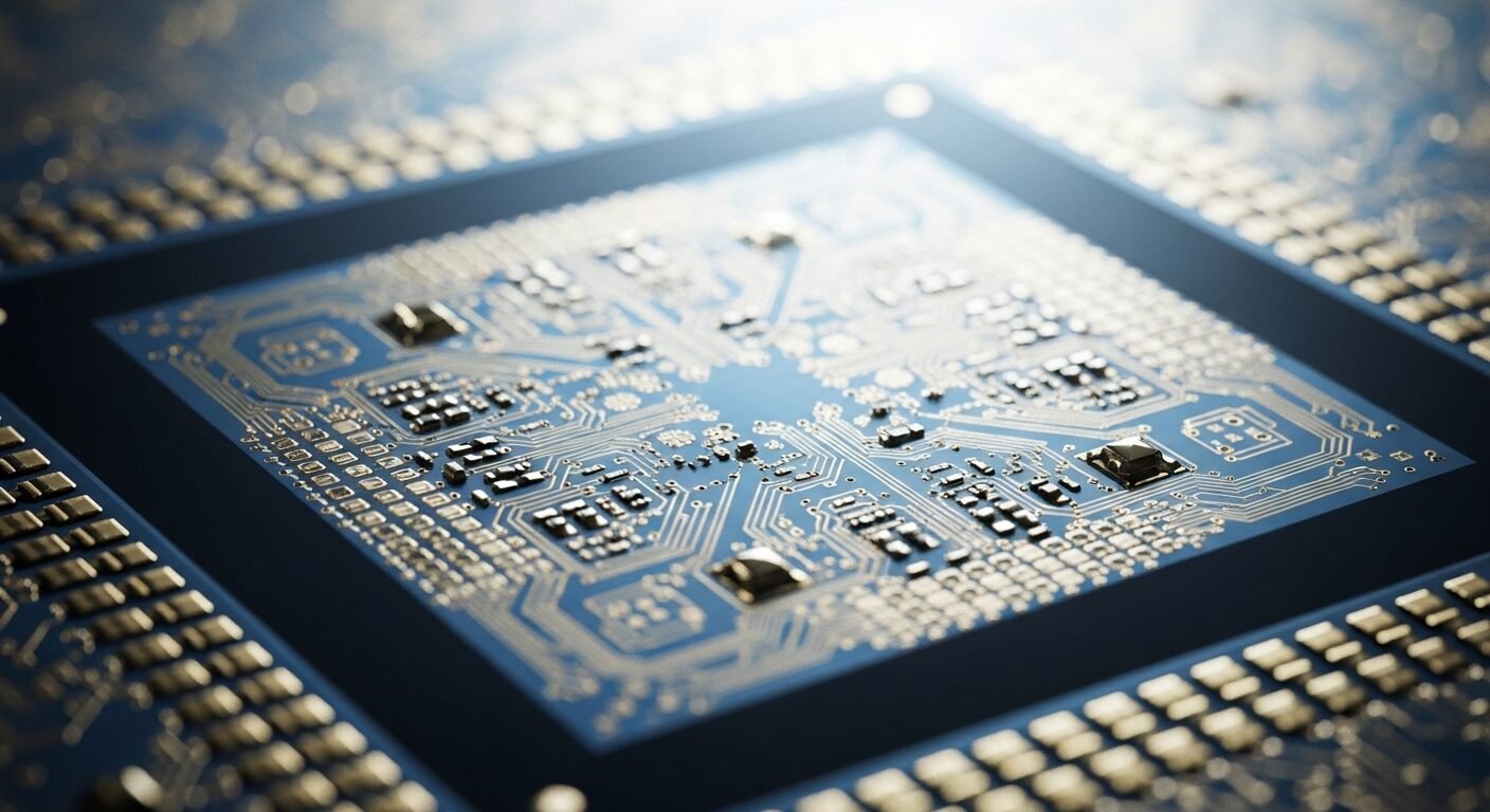 Cận cảnh bề mặt vi mạch với các đường mạch kim loại phức tạp, minh họa công nghệ chính xác trong các ngành nghề triển vọng.