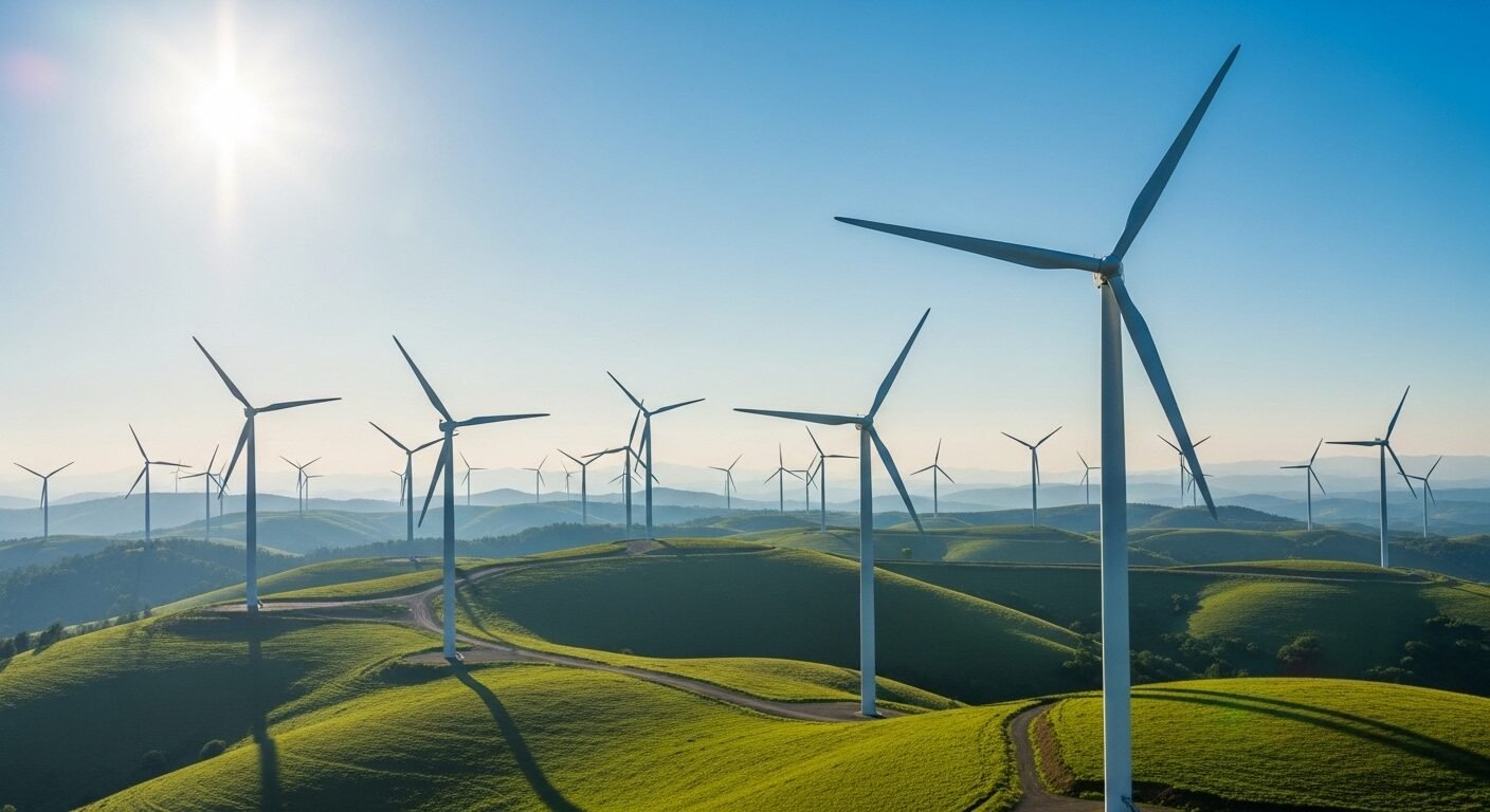 Cánh đồng tuabin gió hiện đại dưới trời xanh và đồi xanh tươi, tượng trưng cho năng lượng sạch – một trong những ngành nghề cần nhiều nhân lực năm 2026.