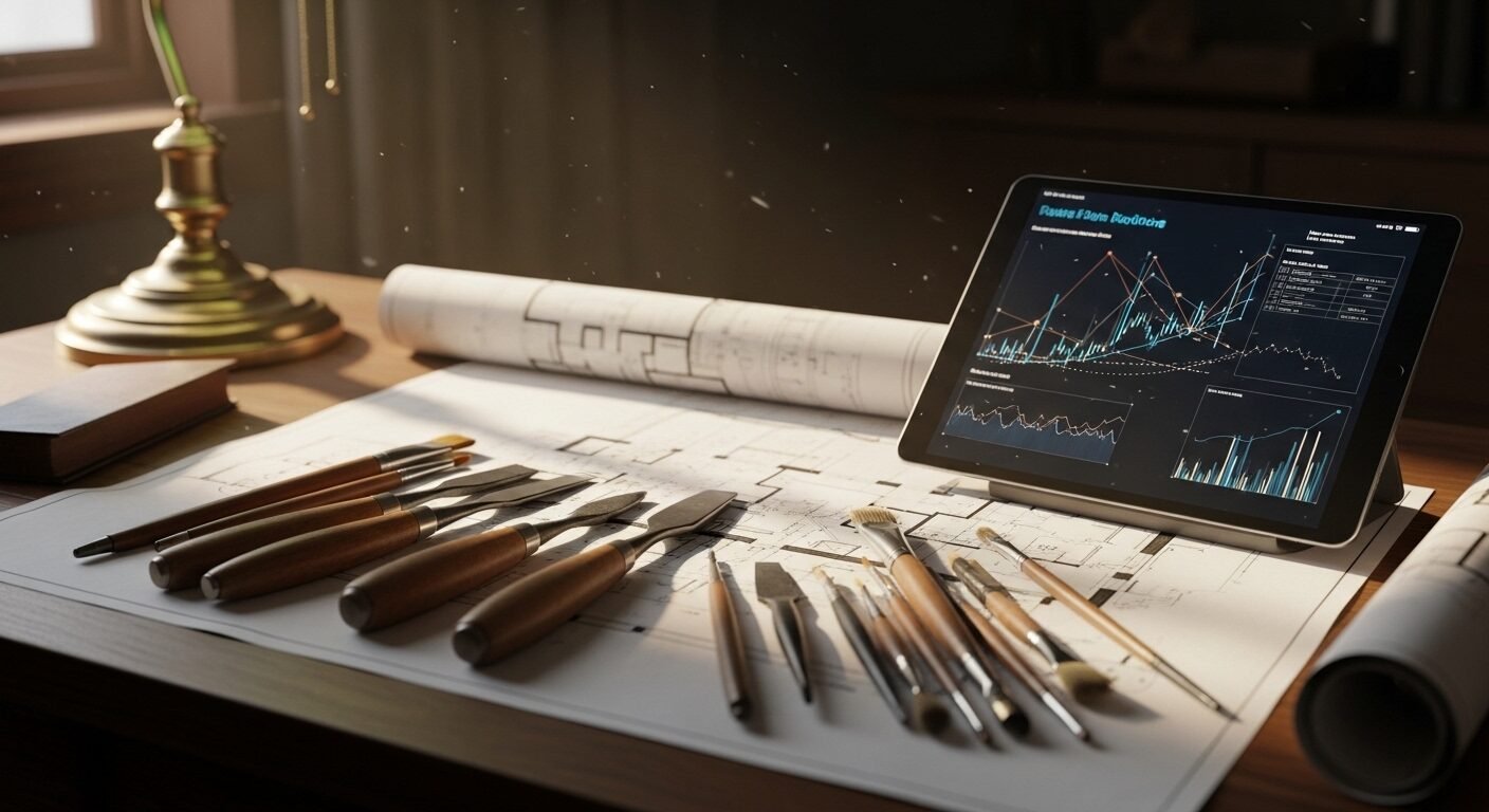 Bàn làm việc với công cụ thủ công (đục, cọ vẽ), bản vẽ kiến trúc và máy tính bảng hiển thị phân tích dữ liệu. Sự hòa quyện giữa sáng tạo và công nghệ là nền tảng cho các ngành nghề không thất nghiệp hiện nay. Bàn làm việc với công cụ thủ công (đục, cọ vẽ), bản vẽ kiến trúc và máy tính bảng hiển thị phân tích dữ liệu. Sự hòa quyện giữa sáng tạo và công nghệ là nền tảng cho các ngành nghề không thất nghiệp hiện nay.