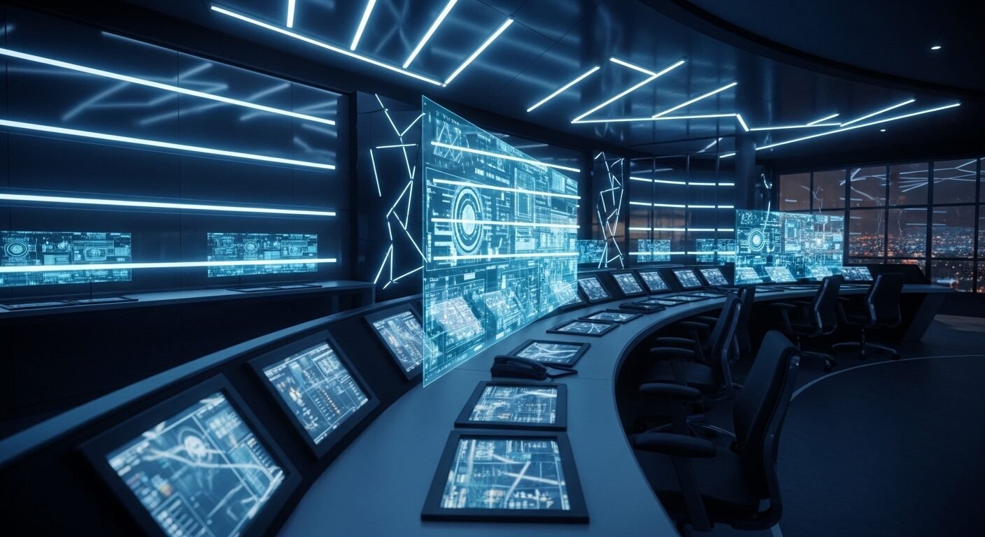 Chuyên gia phân tích dự đoán AI trên màn hình hologram trong phòng điều khiển, làm nổi bật vai trò quyết định của con người trong bối cảnh ngành nghề bị AI thay thế.