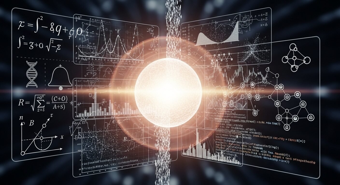 Hình ảnh minh họa tính liên ngành của khoa học dữ liệu, với các lớp trong suốt gồm toán học, thống kê, lập trình và ký hiệu chuyên ngành chồng chéo, hội tụ quanh một lõi phát sáng. Hình ảnh minh họa tính liên ngành của khoa học dữ liệu, với các lớp trong suốt gồm toán học, thống kê, lập trình và ký hiệu chuyên ngành chồng chéo, hội tụ quanh một lõi phát sáng.