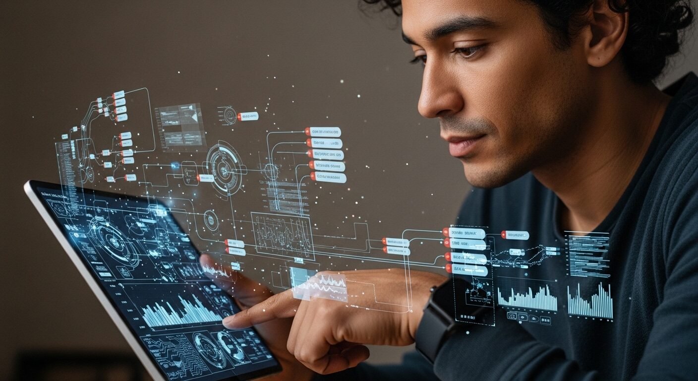 Một người đang tập trung nâng cao kỹ năng trên máy tính bảng trong không gian làm việc hiện đại, chuẩn bị thích nghi với các ngành nghề bị AI thay thế.