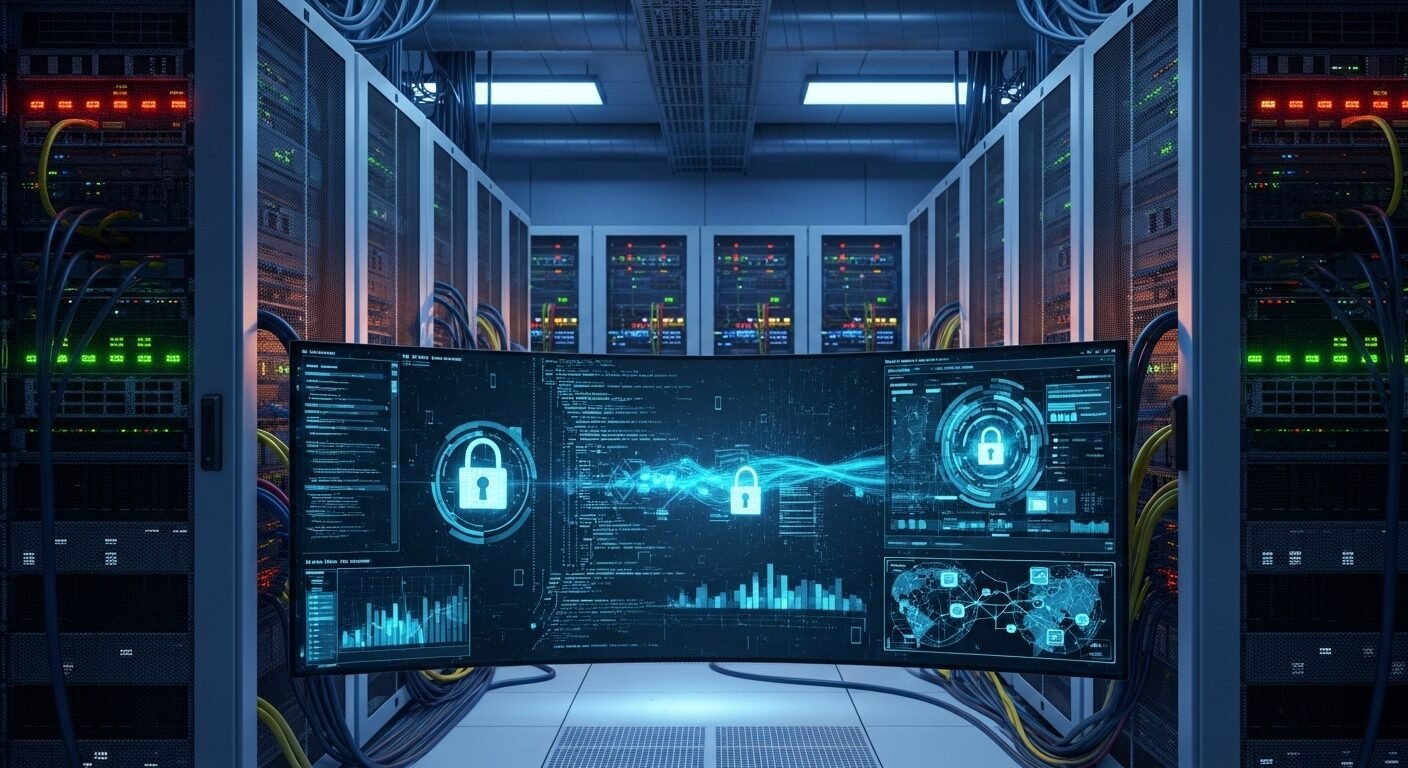 Phòng máy chủ hiện đại với màn hình hiển thị giao diện an ninh mạng và bảo vệ dữ liệu mạnh mẽ, minh họa các ngành nghề khát nhân lực trong lĩnh vực công nghệ thông tin và an ninh mạng.