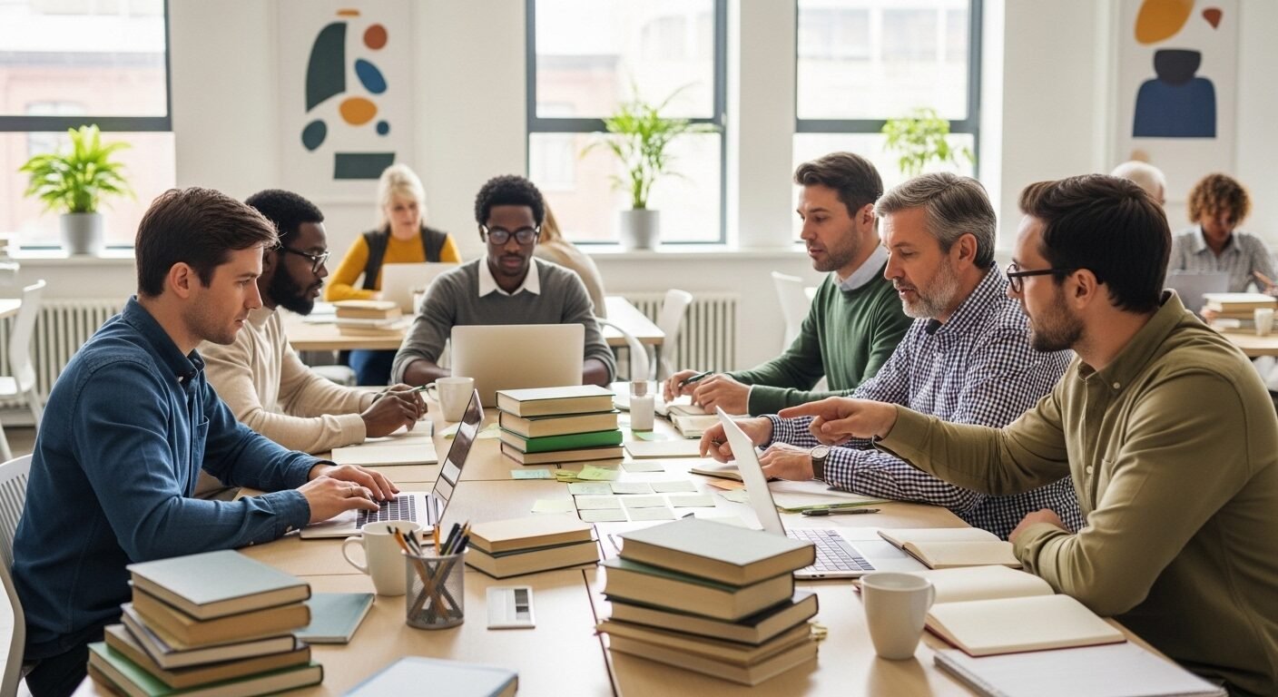 Nhóm người lớn đa dạng đang hợp tác học tập trong không gian hiện đại, với laptop và sách vở, nhằm phát triển các kỹ năng cho ngành học khó lỗi thời. Nhóm người lớn đa dạng đang hợp tác học tập trong không gian hiện đại, với laptop và sách vở, nhằm phát triển các kỹ năng cho ngành học khó lỗi thời.