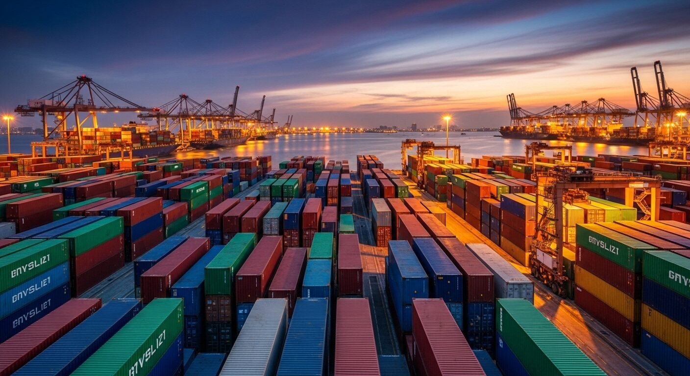 Cảng biển lớn, hiện đại với container đầy màu sắc và cần cẩu lúc hoàng hôn, minh họa logistics toàn cầu hiệu quả – một trong những ngành nghề sẽ phát triển trong tương lai. Cảng biển lớn, hiện đại với container đầy màu sắc và cần cẩu lúc hoàng hôn, minh họa logistics toàn cầu hiệu quả – một trong những ngành nghề sẽ phát triển trong tương lai.