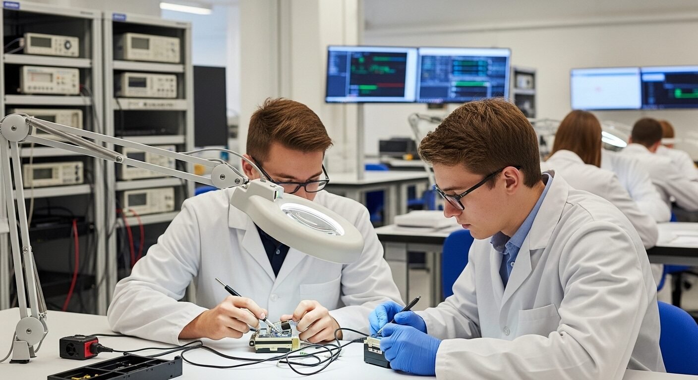 Hai sinh viên học nghề trong phòng lab công nghệ cao, tỉ mỉ lắp ráp linh kiện điện tử, rèn luyện kỹ năng thực tiễn cho tỷ lệ học tại doanh nghiệp hiệu quả.