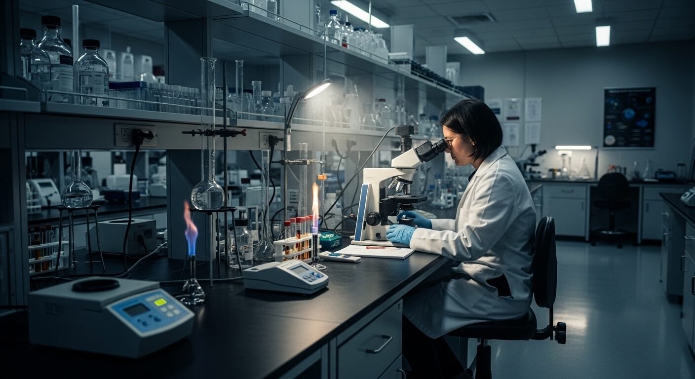 Nhà khoa học trong phòng thí nghiệm hiện đại đang soi mẫu dưới kính hiển vi, đại diện cho các ngành lương cao như nghiên cứu khoa học. Nhà khoa học trong phòng thí nghiệm hiện đại đang soi mẫu dưới kính hiển vi, đại diện cho các ngành lương cao như nghiên cứu khoa học.