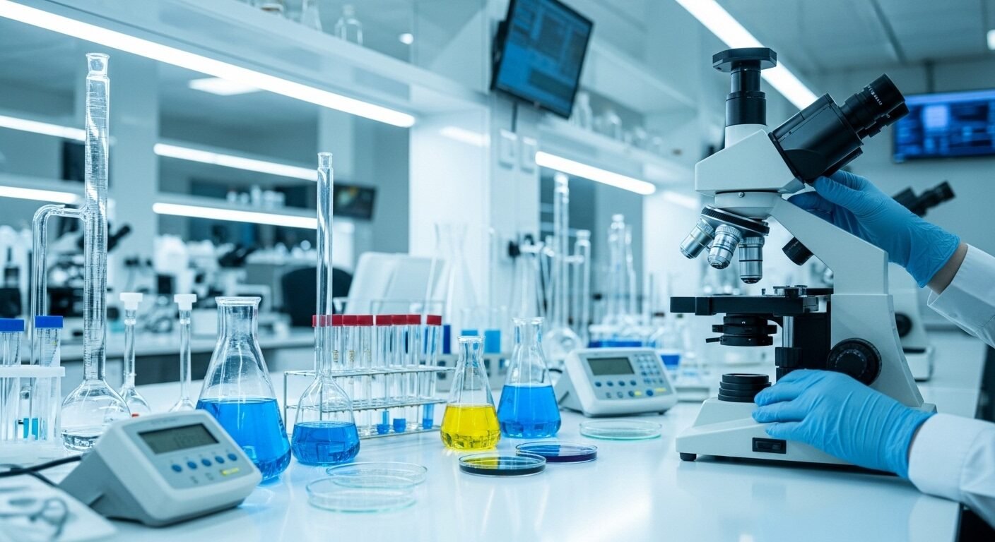 Tay đeo găng vận hành kính hiển vi trong phòng thí nghiệm hiện đại, minh họa môi trường làm việc chuyên nghiệp của ngành lương cao. Tay đeo găng vận hành kính hiển vi trong phòng thí nghiệm hiện đại, minh họa môi trường làm việc chuyên nghiệp của ngành lương cao.