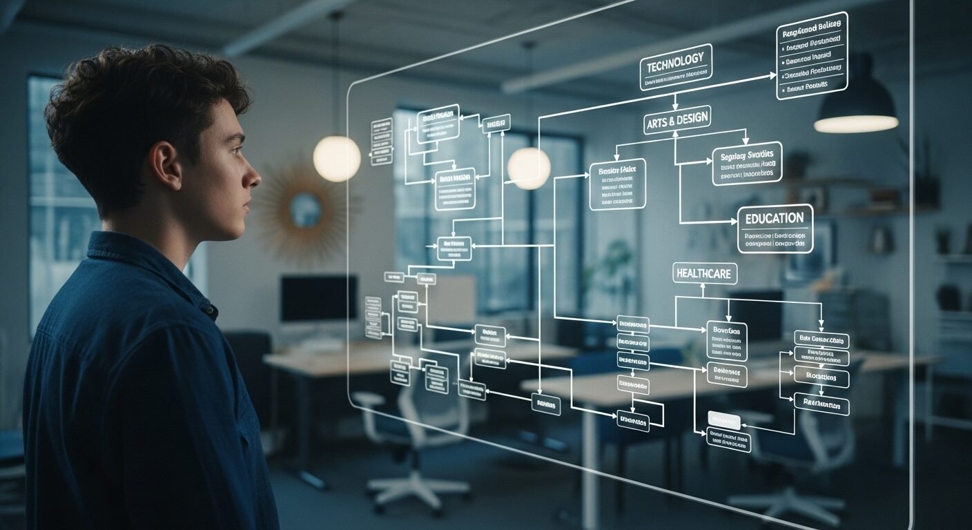 Một người trẻ đang xem sơ đồ số chi tiết để định hướng nghề nghiệp, hiển thị các lựa chọn nghề nghiệp đa dạng trong không gian học hiện đại. Một người trẻ đang xem sơ đồ số chi tiết để định hướng nghề nghiệp, hiển thị các lựa chọn nghề nghiệp đa dạng trong không gian học hiện đại.