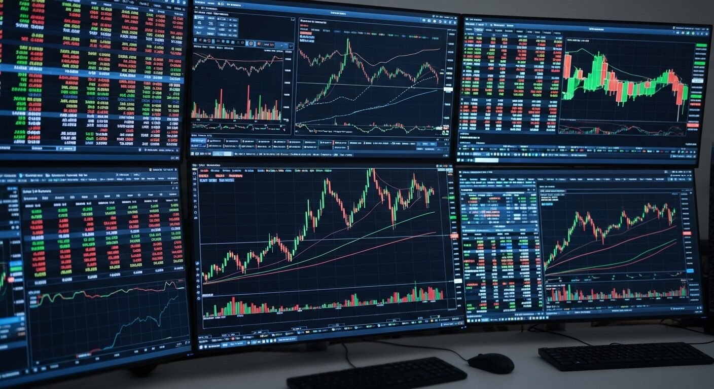 Màn hình kỹ thuật số hiển thị rõ nét biểu đồ thị trường tài chính, xu hướng chứng khoán trong phòng giao dịch hiện đại, minh họa cho các ngành nghề khối A về phân tích dữ liệu và đầu tư. Màn hình kỹ thuật số hiển thị rõ nét biểu đồ thị trường tài chính, xu hướng chứng khoán trong phòng giao dịch hiện đại, minh họa cho các ngành nghề khối A về phân tích dữ liệu và đầu tư.