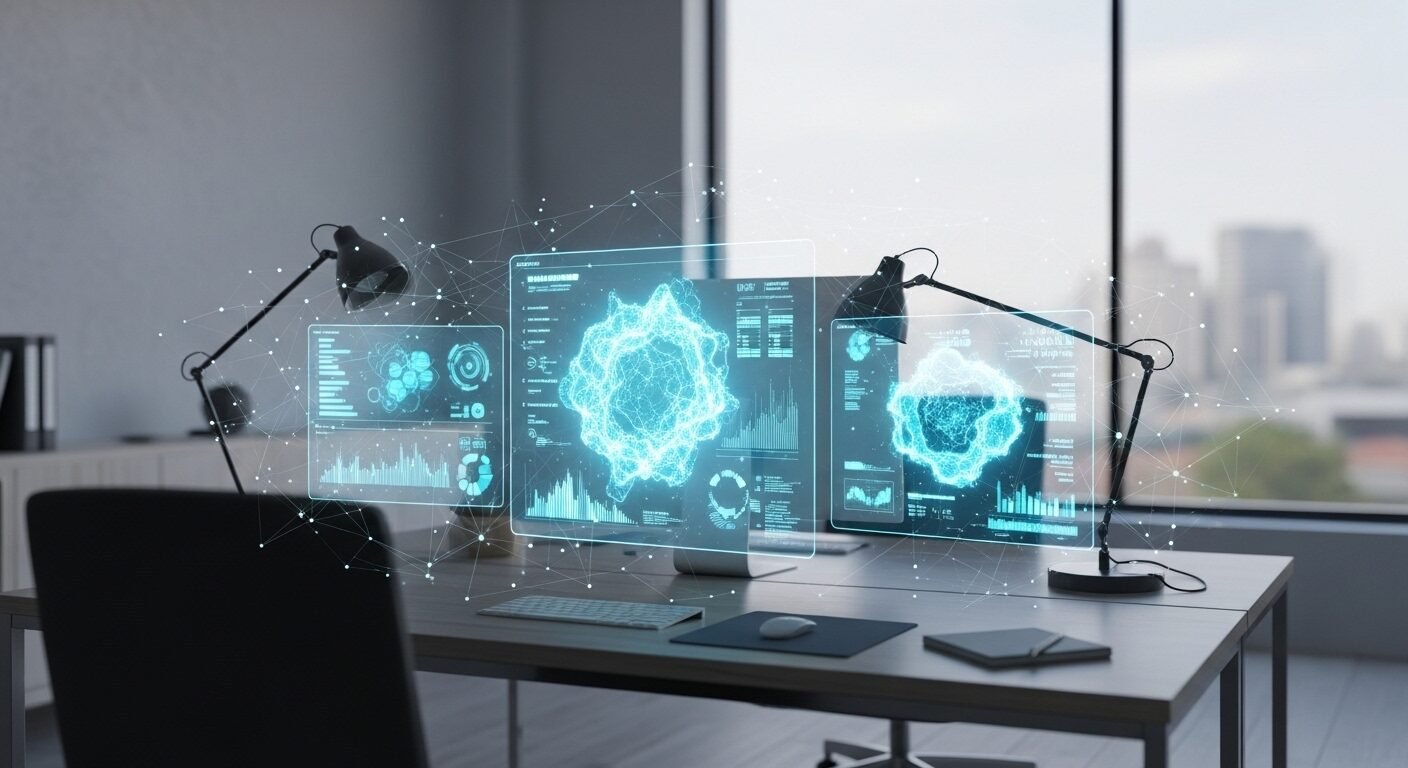 Văn phòng hiện đại với màn hình holographic hiển thị dữ liệu phân tích phức tạp, giúp đánh giá các ngành nghề dễ thất nghiệp trong bối cảnh đô thị tương lai. Văn phòng hiện đại với màn hình holographic hiển thị dữ liệu phân tích phức tạp, giúp đánh giá các ngành nghề dễ thất nghiệp trong bối cảnh đô thị tương lai.