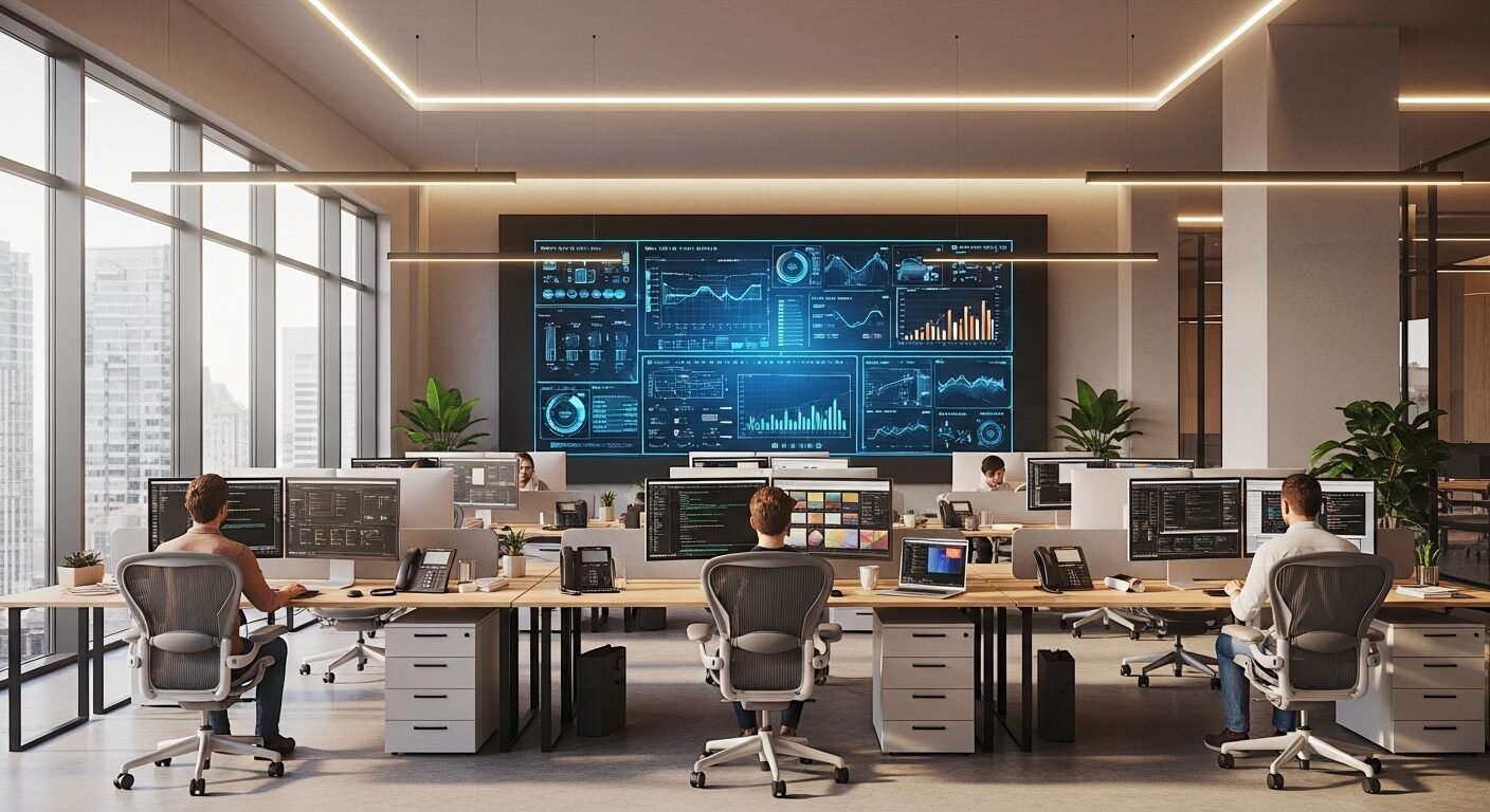 Văn phòng mở hiện đại, tràn ngập ánh sáng tự nhiên với nhân viên làm việc tập trung tại các trạm ergonomic. Màn hình lớn hiển thị biểu đồ số, phản ánh tầm quan trọng của AI và tương lai công việc trong môi trường sáng tạo và đổi mới. Văn phòng mở hiện đại, tràn ngập ánh sáng tự nhiên với nhân viên làm việc tập trung tại các trạm ergonomic. Màn hình lớn hiển thị biểu đồ số, phản ánh tầm quan trọng của AI và tương lai công việc trong môi trường sáng tạo và đổi mới.