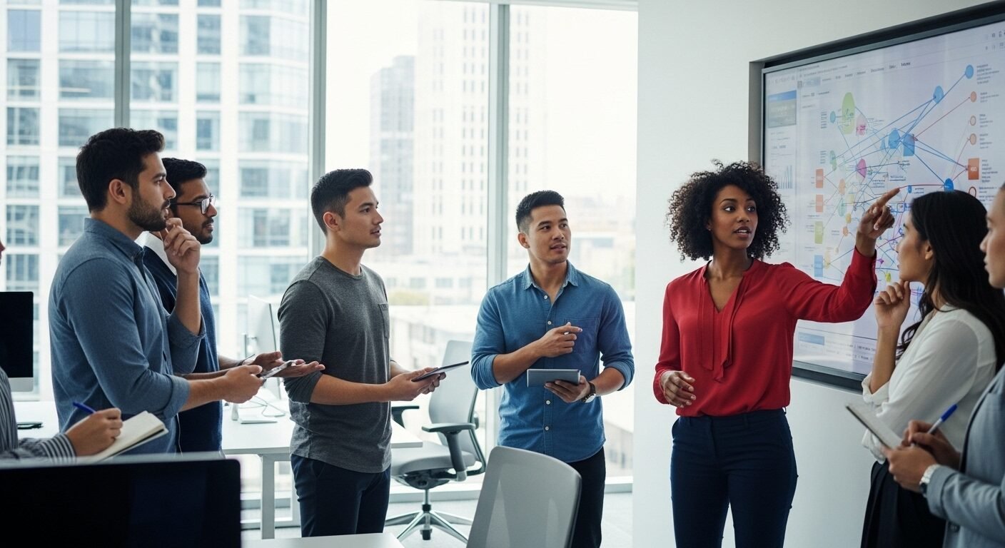 Nhóm nhân viên đa dạng cùng nhau thảo luận dữ liệu phức tạp trên màn hình tương tác, thể hiện cân bằng công nghệ và con người trong giải quyết vấn đề tại môi trường làm việc hiện đại.