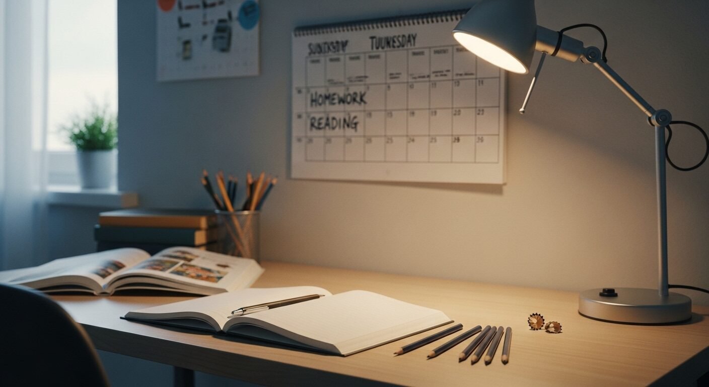Bàn học ngăn nắp, khoa học với sách vở, bút, đèn và lịch treo tường trong phòng trẻ. Môi trường học tập lý tưởng này hỗ trợ hiệu quả cách dạy con học giỏi tiểu học.