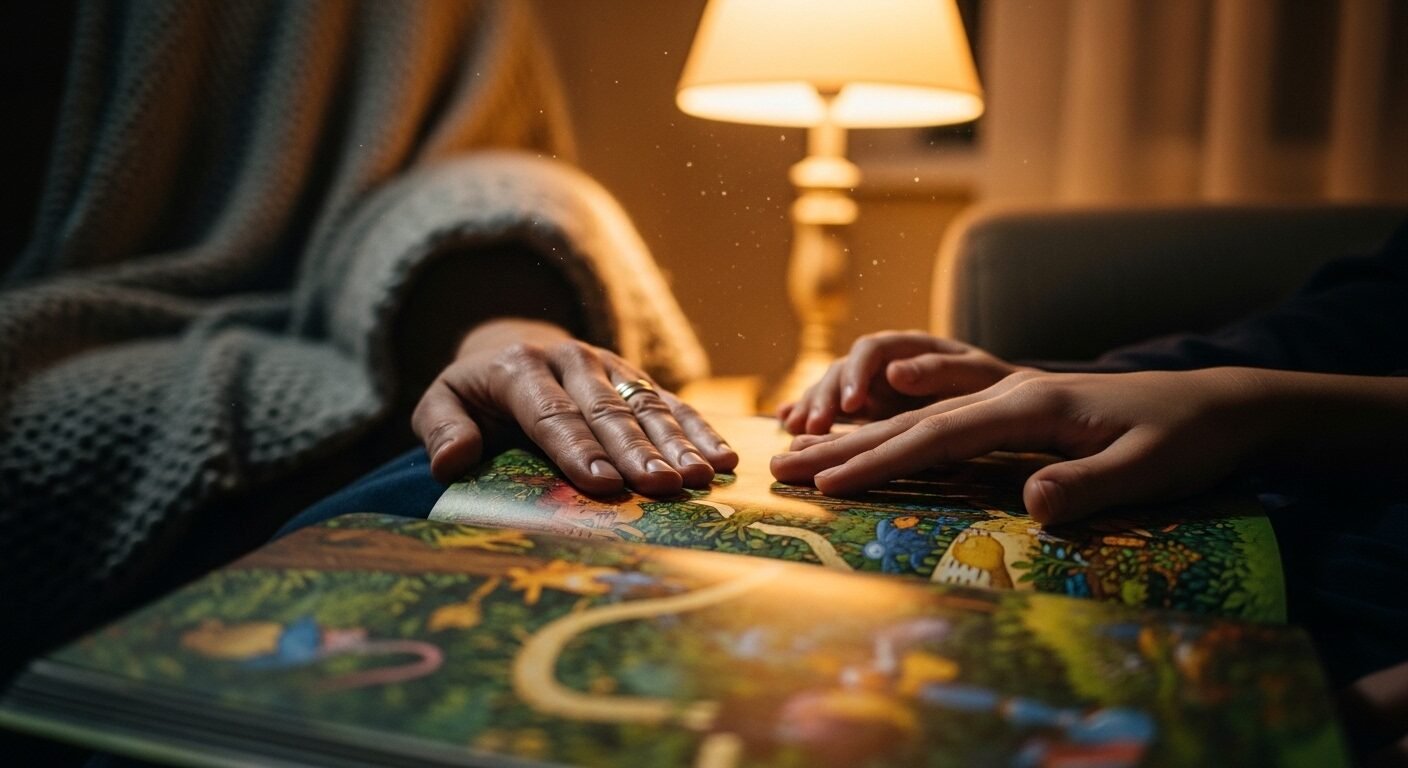 Bàn tay người lớn và trẻ nhỏ đặt nhẹ nhàng trên cuốn sách truyện tranh đang mở trong phòng khách ấm cúng. Khoảnh khắc đọc sách cùng con là một bí quyết dạy con học giỏi.