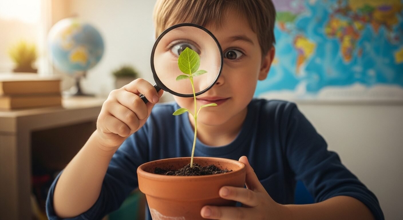 Một bé tò mò dùng kính lúp khám phá cây non mới nhú trong chậu đất nung, trên nền mờ sách vở, thể hiện tinh thần học hỏi – một trong những cách giúp con học giỏi hiệu quả.