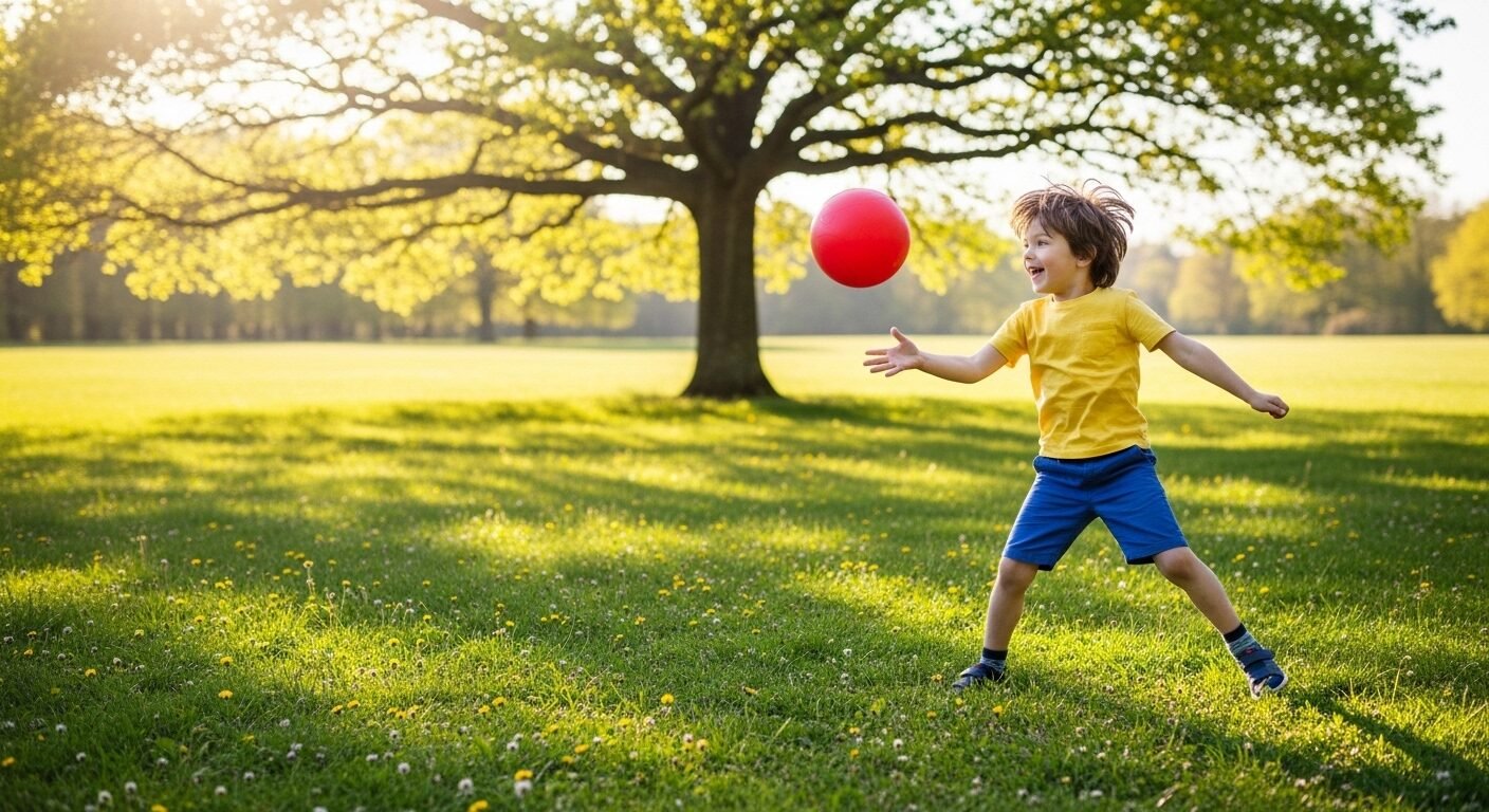 (A dynamic child playing with a red ball in a large green space, demonstrating the role of a healthy environment in how to teach children to study well.) (A dynamic child playing with a red ball in a large green space, demonstrating the role of a healthy environment in how to teach children to study well.)