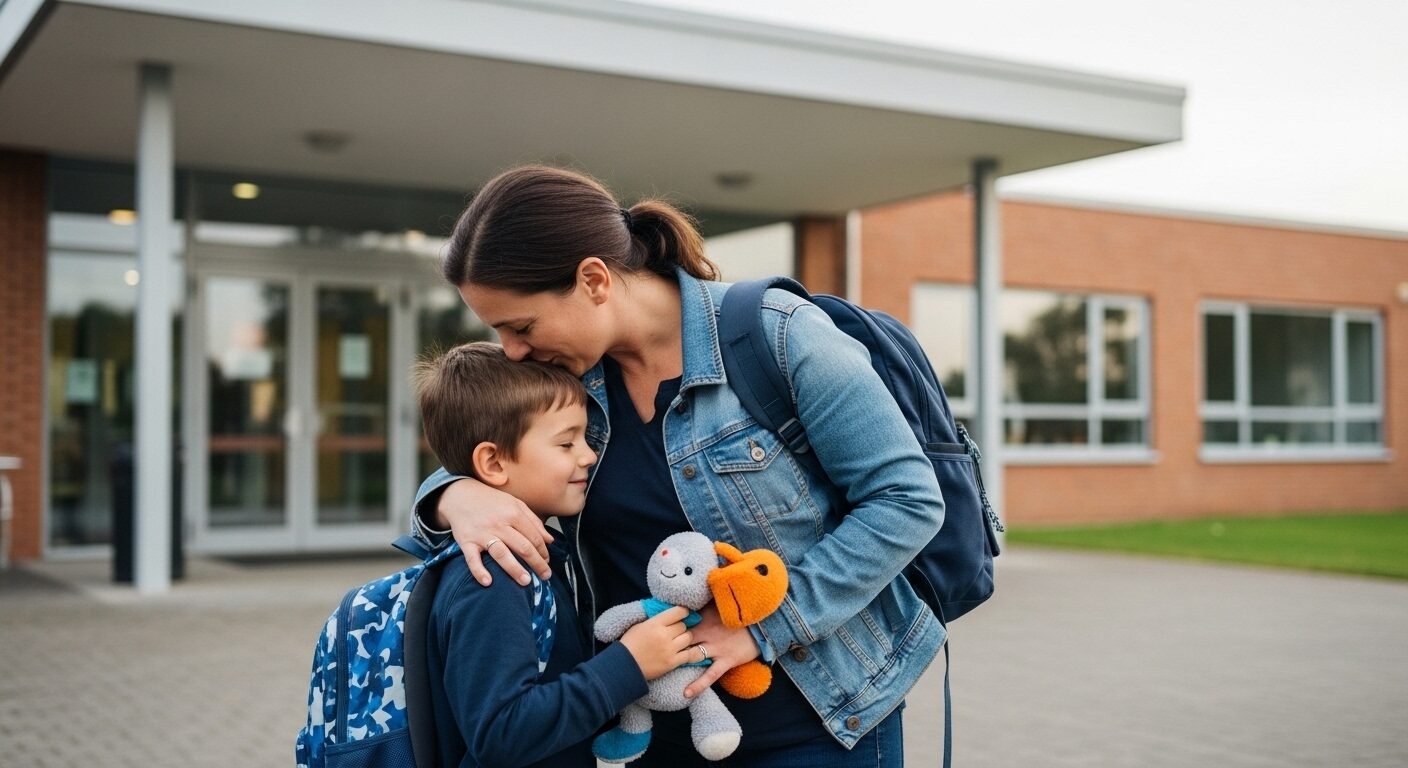 Cha mẹ âu yếm ôm hôn trấn an con trước cổng trường học hiện đại, giúp bé không sợ đi học. Bé ôm chặt món đồ chơi mềm quen thuộc dưới ánh nắng ban ngày dịu nhẹ.