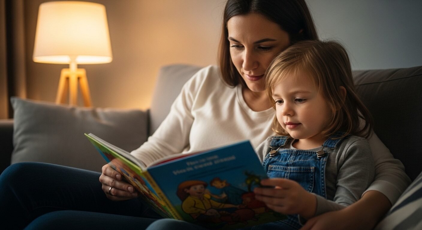 Cha mẹ và bé 3 tuổi cùng đọc sách tranh màu sắc trên ghế sofa dưới ánh đèn ấm áp. Những khoảnh khắc gắn kết như thế này giúp tăng cường sự tập trung và hiểu biết, hỗ trợ hiệu quả khi tìm cách dạy trẻ 3 tuổi không nghe lời. Cha mẹ và bé 3 tuổi cùng đọc sách tranh màu sắc trên ghế sofa dưới ánh đèn ấm áp. Những khoảnh khắc gắn kết như thế này giúp tăng cường sự tập trung và hiểu biết, hỗ trợ hiệu quả khi tìm cách dạy trẻ 3 tuổi không nghe lời.