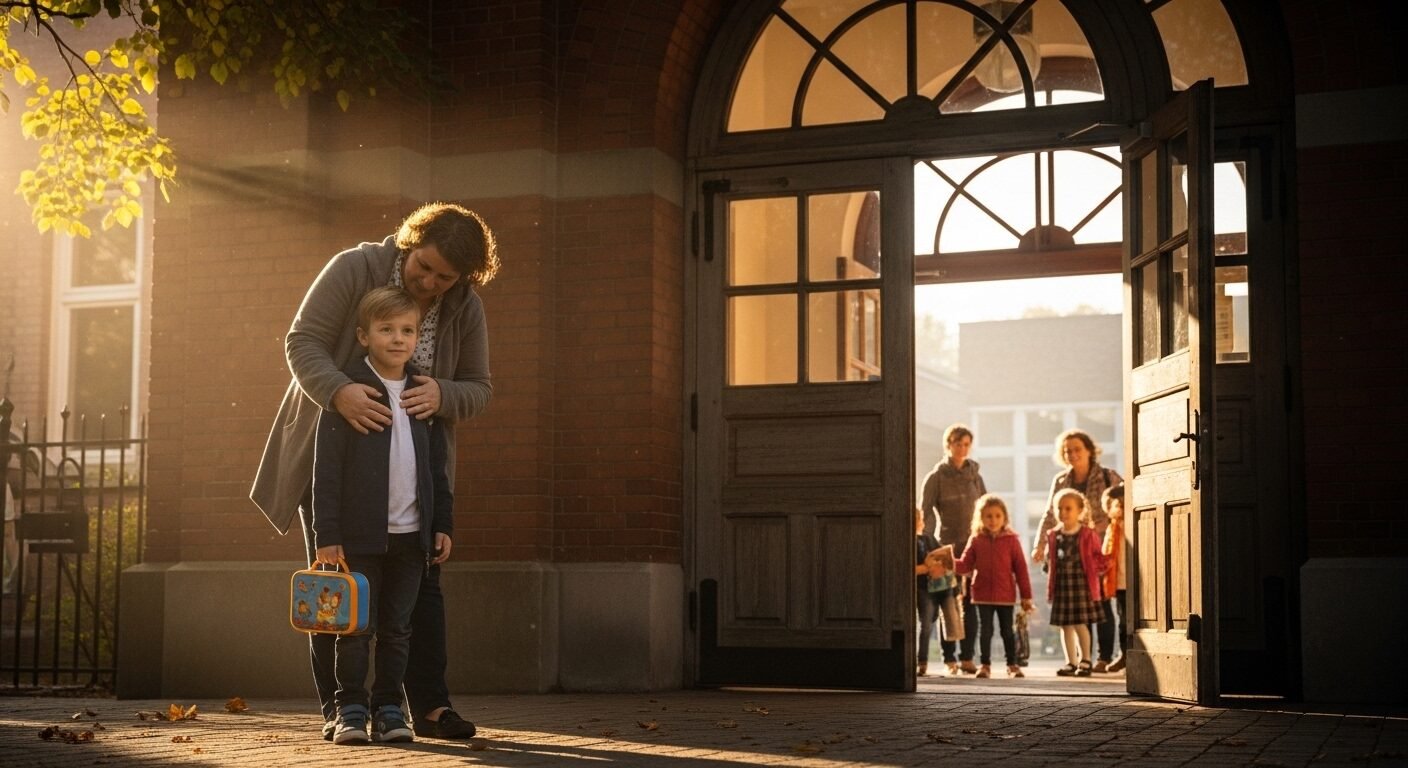 Cha mẹ ân cần ôm con ở cổng trường, bé cầm hộp cơm, trong ánh nắng ban mai. Hình ảnh ấm áp này minh họa cách làm sao để bé không sợ đi học, bằng sự động viên và yêu thương. Cha mẹ ân cần ôm con ở cổng trường, bé cầm hộp cơm, trong ánh nắng ban mai. Hình ảnh ấm áp này minh họa cách làm sao để bé không sợ đi học, bằng sự động viên và yêu thương.