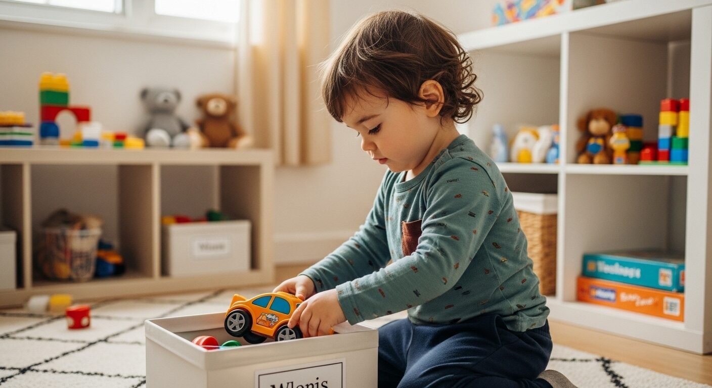 Bé 2 tuổi tự tay cất xe đồ chơi vào thùng trong phòng chơi sáng sủa, gọn gàng, minh chứng cho cách dạy trẻ 2 tuổi biết nghe lời và phát triển tính tự giác.