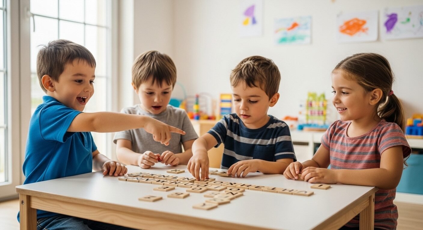 Ba trẻ nhỏ vui vẻ xếp chữ cái, minh họa cách dạy trẻ lớp 1 đánh vần hiệu quả qua trò chơi giáo dục.