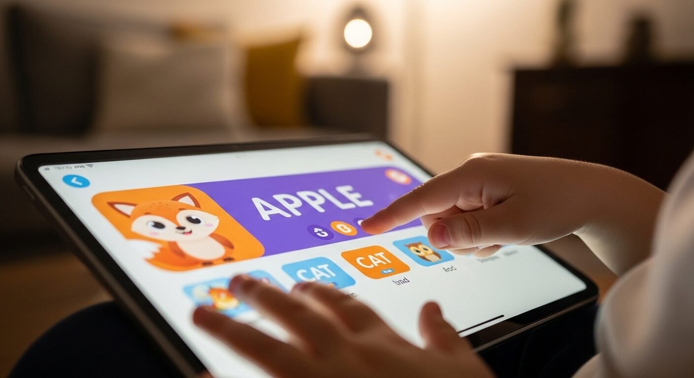 Tay trẻ nhỏ chạm vào máy tính bảng hiển thị ứng dụng học tiếng Anh tương tác, với các từ tiếng Anh rõ ràng và hình ảnh minh họa sống động. Đây là một cách dạy trẻ học tiếng Anh hiệu quả và hấp dẫn qua công nghệ.