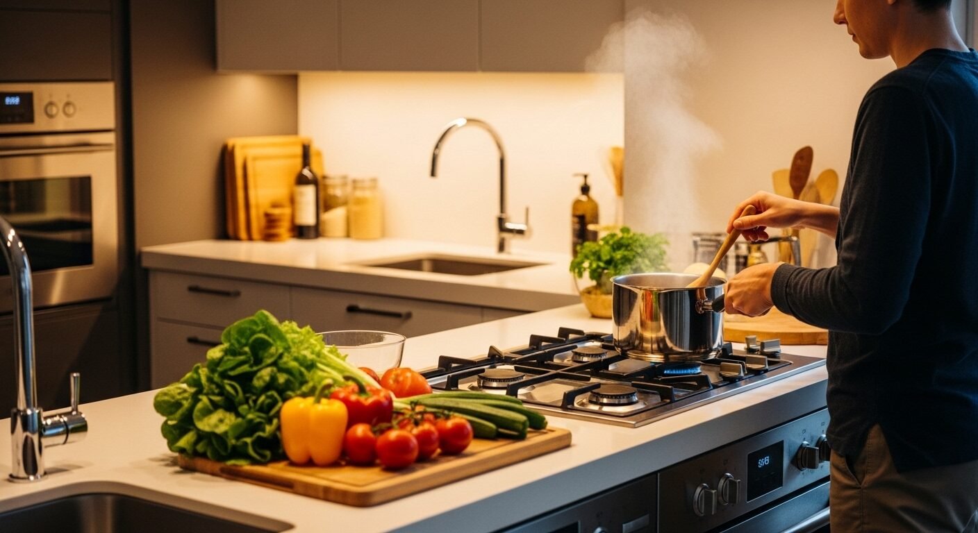 Một người đang khuấy nguyên liệu trong nồi trên bếp hiện đại, hơi nước bốc lên nhẹ nhàng. Với rau củ tươi trên bàn và ánh sáng ấm cúng, đây là minh họa sinh động cho một hành động diễn ra ở thì hiện tại tiếp diễn.