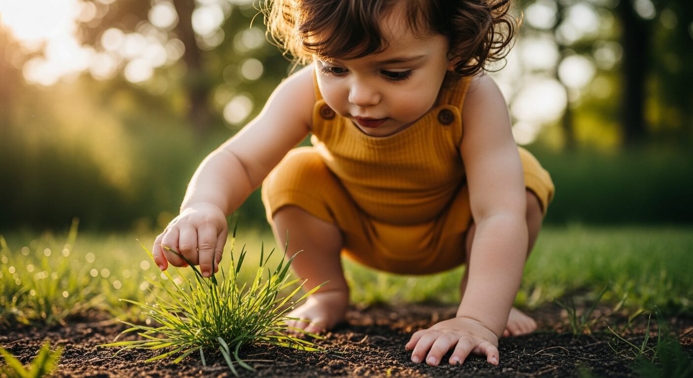 Bé 1-3 tuổi đang khám phá lá cỏ và đất ngoài trời, là một cách giúp con ham học 1-3 tuổi qua trải nghiệm thực tế.