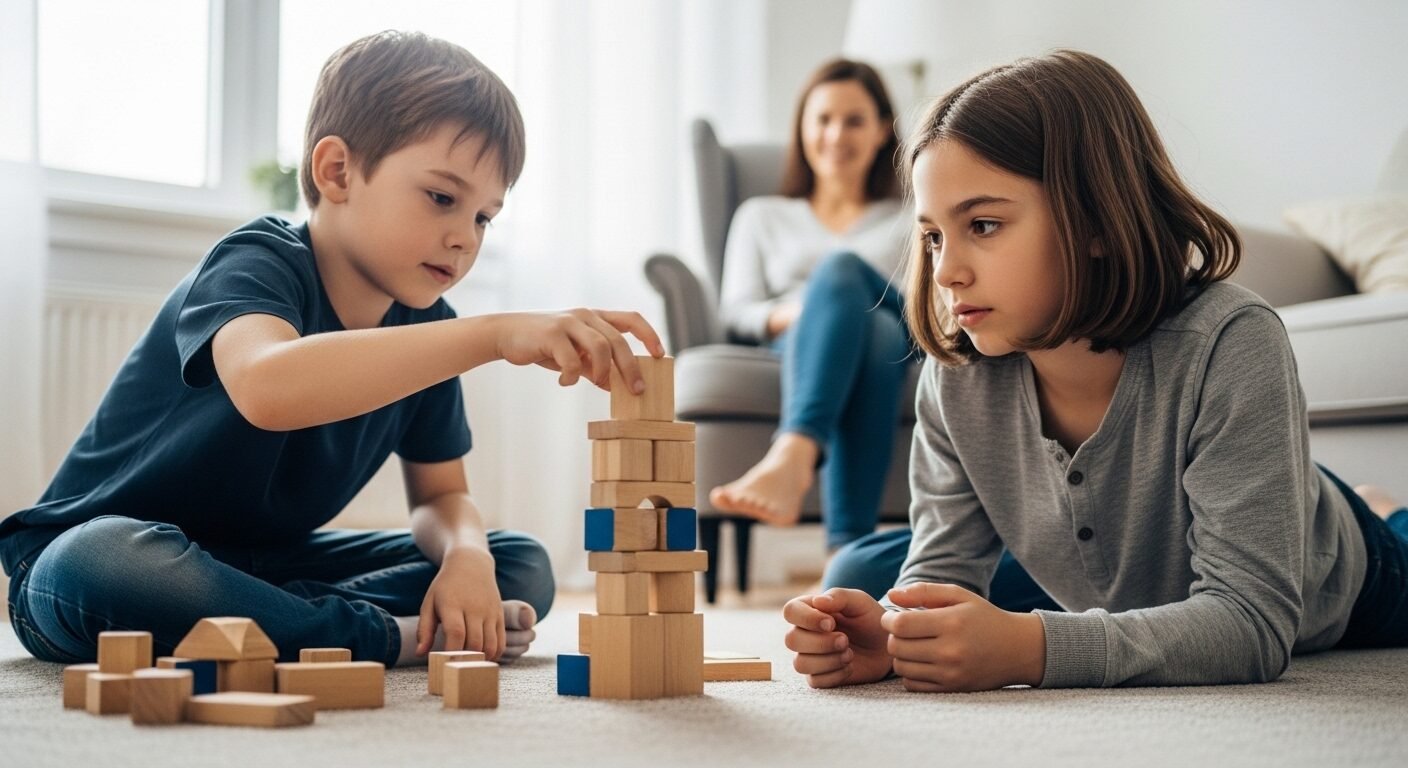 Hai đứa trẻ kiên nhẫn chơi xếp khối luân phiên trên thảm, phụ huynh quan sát. Bức ảnh minh họa việc dạy con tính công bằng và kỷ luật, cho thấy đôi khi không nên nhường con để chúng phát triển toàn diện.