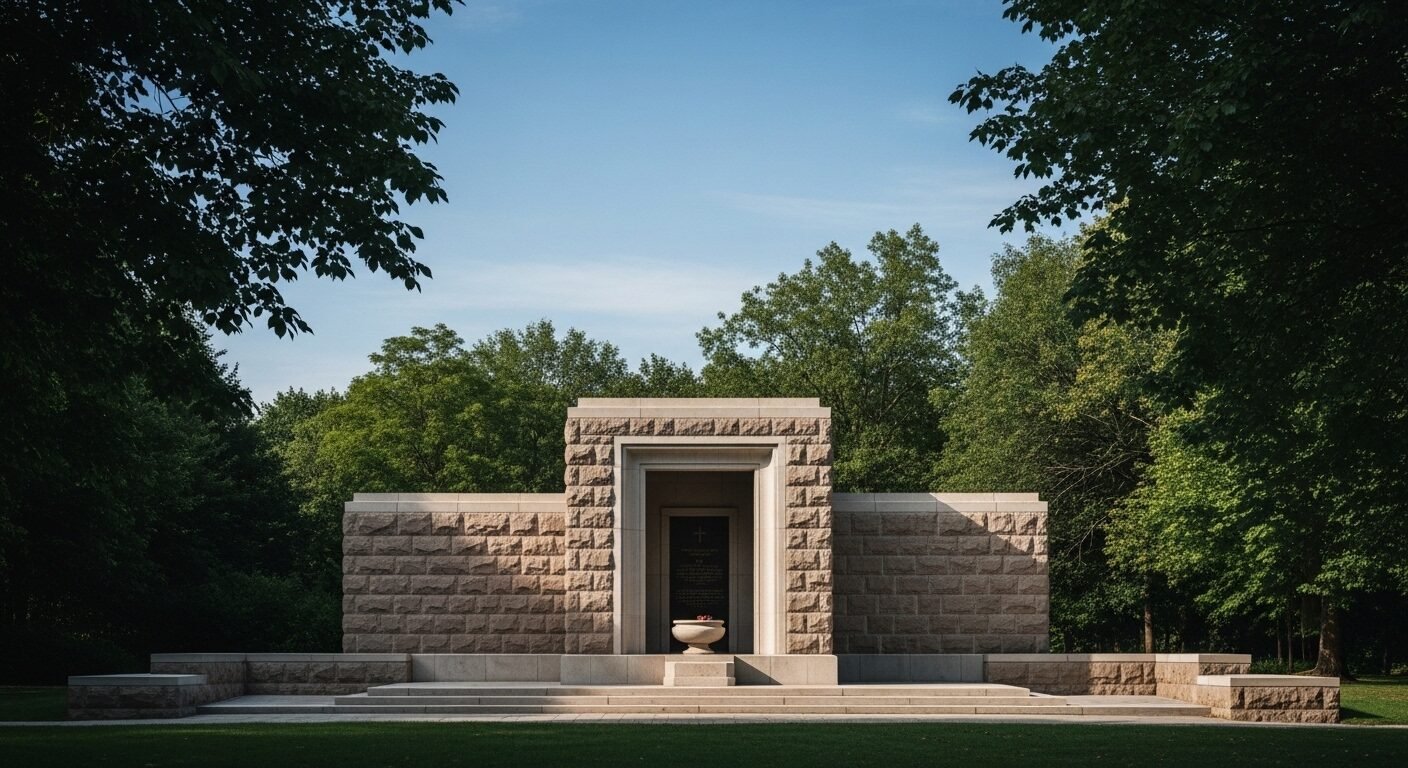 Công trình tưởng niệm hiện đại bằng đá tự nhiên trong công viên yên bình, tôn vinh tiểu sử Đại tướng Võ Nguyên Giáp.