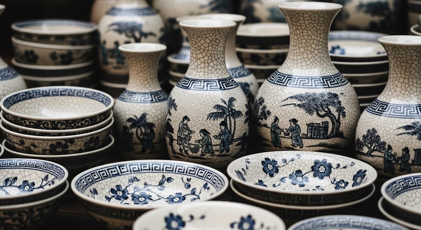 Gốm sứ Việt Nam men rạn thủ công với họa tiết truyền thống, phản ánh tinh hoa văn hóa nhà Trần, trưng bày trong xưởng nghệ nhân.