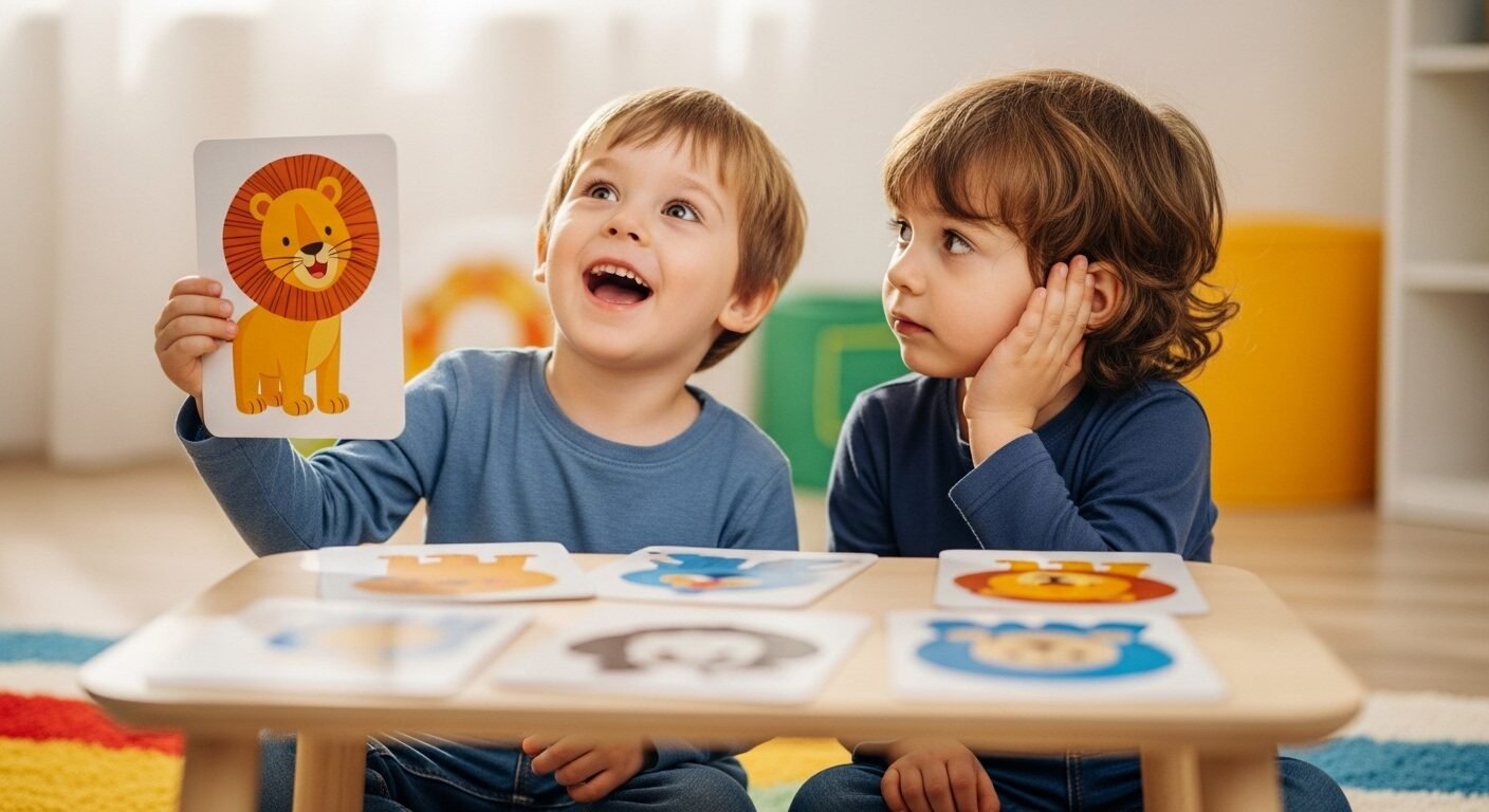 Hai bé mầm non hào hứng chơi đoán âm thanh từ thẻ hình, hoạt động giúp trẻ rèn luyện phát âm chuẩn, hạn chế các lỗi phát âm thường gặp ở trẻ mầm non.