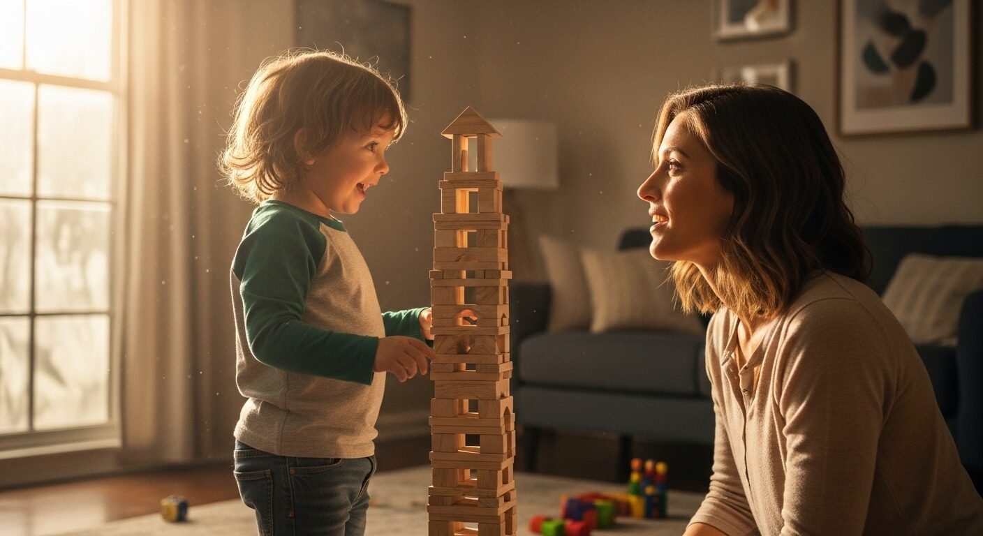 Bé tự hào bên tháp xếp hình, bố mẹ mỉm cười khuyến khích trong nắng ấm – hình ảnh đẹp về dạy con ngoan ngoãn biết nghe lời. Bé tự hào bên tháp xếp hình, bố mẹ mỉm cười khuyến khích trong nắng ấm – hình ảnh đẹp về dạy con ngoan ngoãn biết nghe lời.