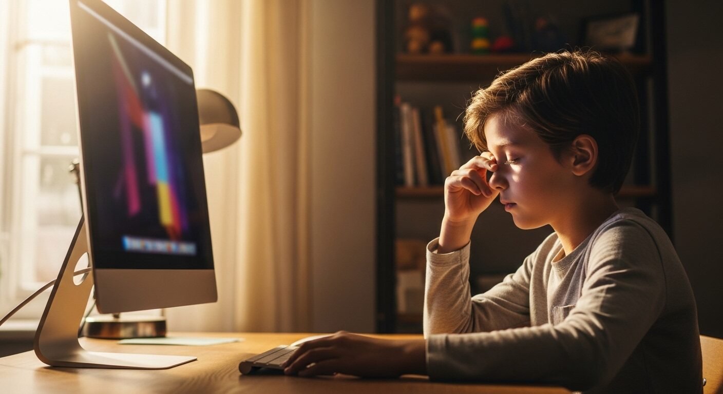 Một trẻ em chạm mắt mỏi trước màn hình máy tính sáng, minh họa tác hại ánh sáng xanh cho trẻ.