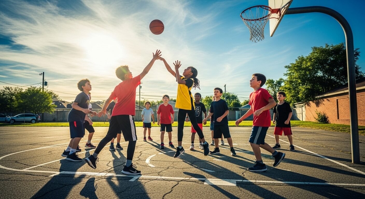 Hình ảnh động về nhóm trẻ em đa dạng chơi bóng rổ sôi nổi trên sân ngoài trời nắng chiều. Hoạt động thể thao giúp phát triển toàn diện, là cách bố mẹ giúp con học giỏi không chỉ kiến thức mà còn kỹ năng sống.
