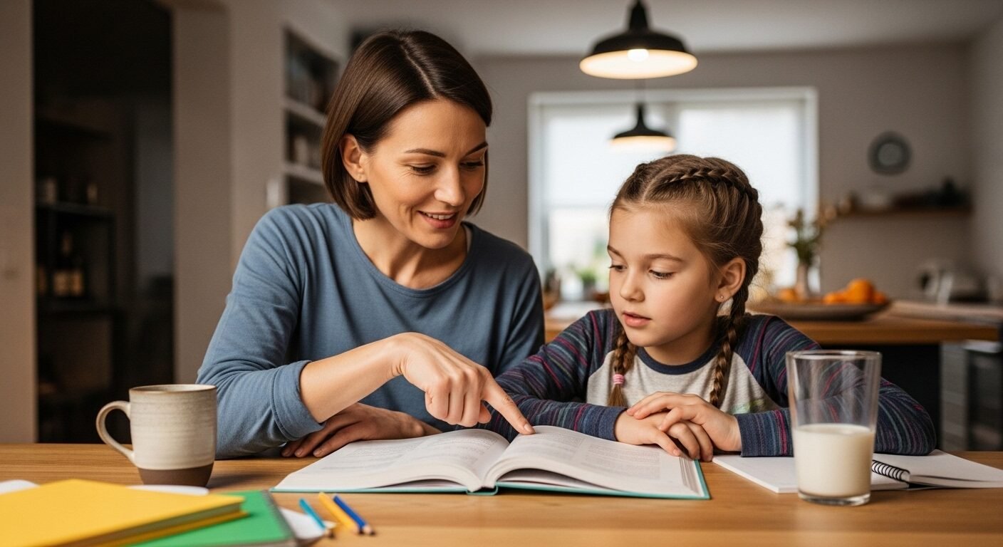 Phụ huynh ân cần hướng dẫn con học bài tiểu học với sách giáo khoa tại bàn bếp, minh họa cách dạy con học giỏi tiểu học trong môi trường gia đình ấm áp.