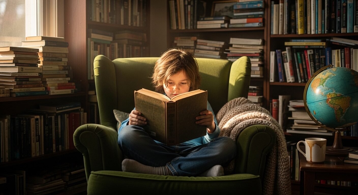 Bé say sưa đọc sách trên ghế bành êm ái trong thư viện tại nhà ấm cúng, một môi trường lý tưởng giúp con học giỏi và phát triển tư duy.