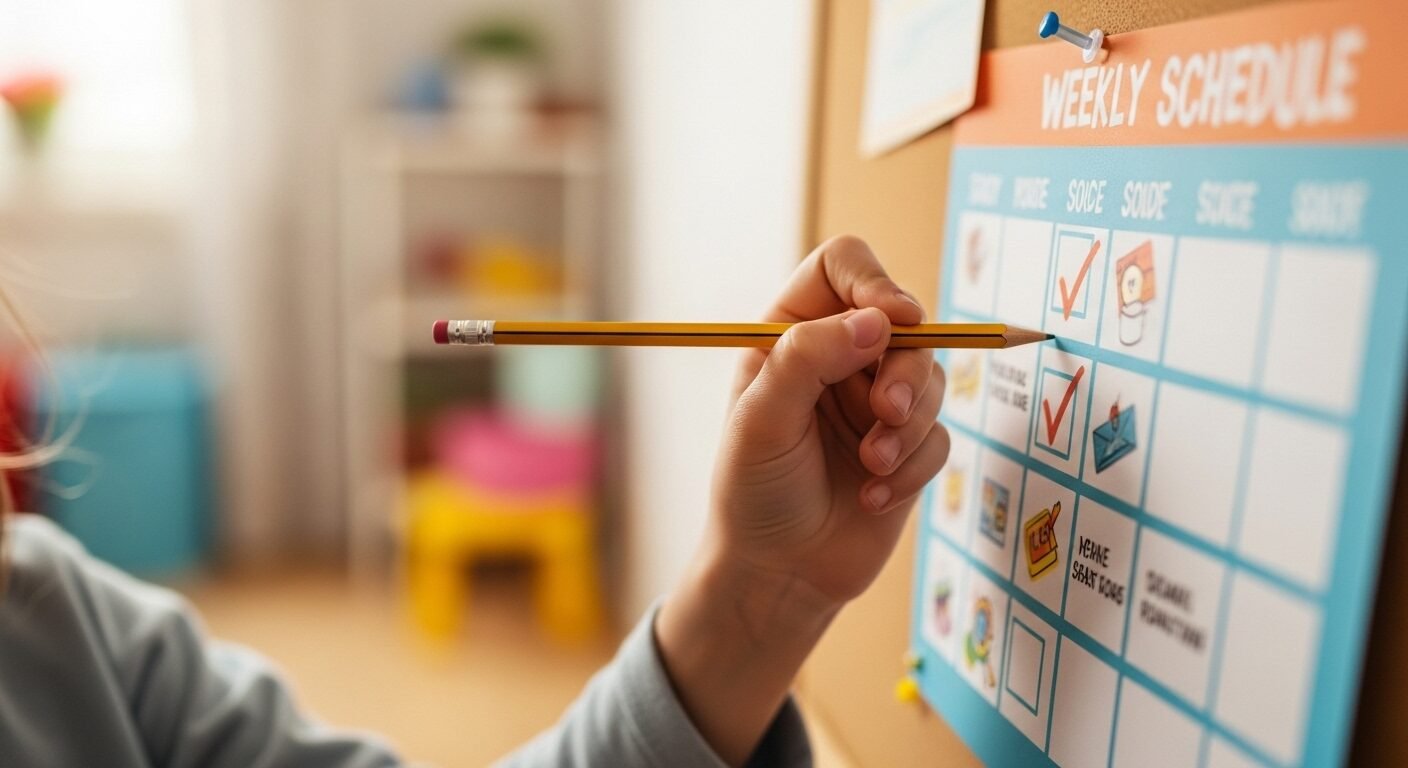 Cận cảnh tay bé dùng bút chì đánh dấu hoàn thành nhiệm vụ trên thời gian biểu tuần nhiều màu. Đây là một cách dạy con học giỏi bằng việc rèn luyện sự tự giác và kỹ năng tổ chức hiệu quả. Cận cảnh tay bé dùng bút chì đánh dấu hoàn thành nhiệm vụ trên thời gian biểu tuần nhiều màu. Đây là một cách dạy con học giỏi bằng việc rèn luyện sự tự giác và kỹ năng tổ chức hiệu quả.