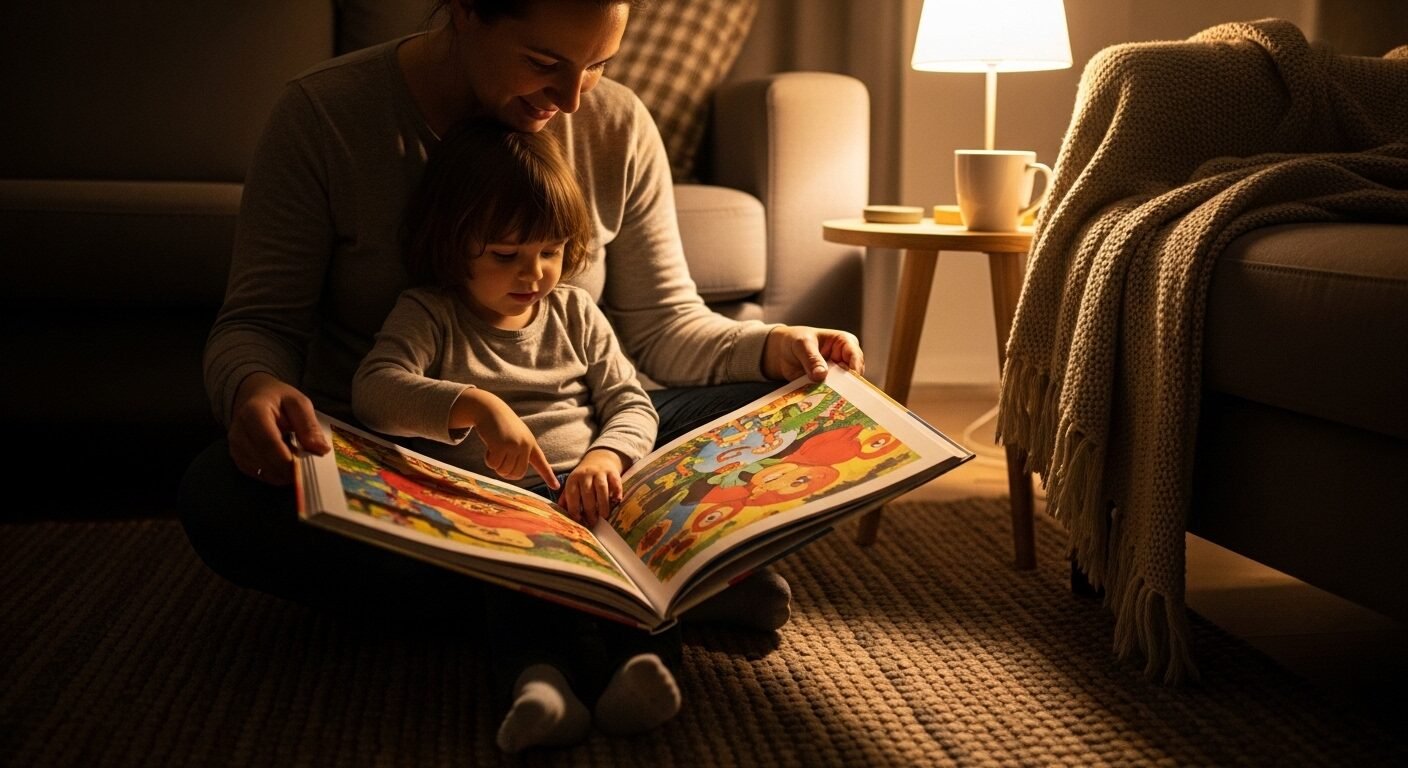 Cha mẹ và con ngồi đọc sách tranh ấm cúng, bé chỉ vào hình minh họa, thể hiện cách dạy con học chữ chuẩn bị vào lớp 1 hiệu quả dưới ánh đèn dịu nhẹ.