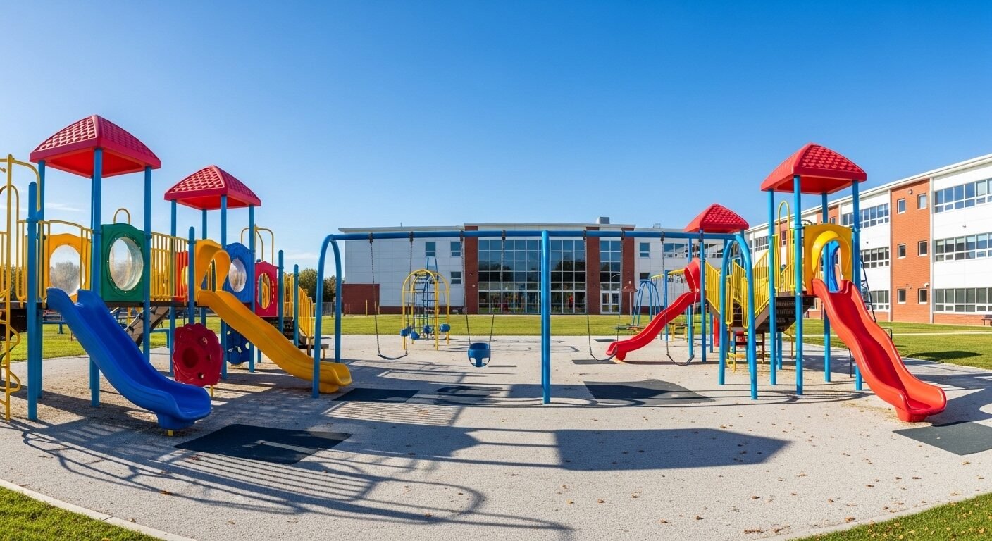 Sân chơi trường học hiện đại rực rỡ dưới nắng vàng, với cầu trượt và xích đu đầy màu sắc. Khung cảnh lý tưởng để bé không sợ đi học, mà luôn háo hức đến trường.