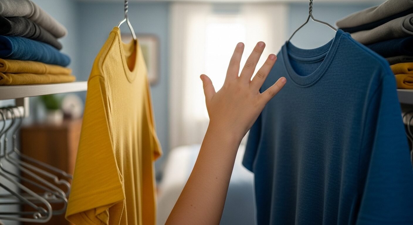 Bàn tay nhỏ của trẻ 3 tuổi chọn áo phông sạch sẽ trong tủ, một ví dụ về cách dạy trẻ 3 tuổi không nghe lời thông qua việc khuyến khích tự quyết định. Bàn tay nhỏ của trẻ 3 tuổi chọn áo phông sạch sẽ trong tủ, một ví dụ về cách dạy trẻ 3 tuổi không nghe lời thông qua việc khuyến khích tự quyết định.