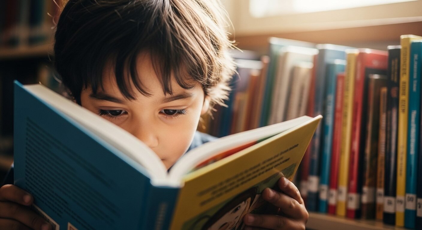 Cận cảnh một em bé say sưa đọc sách truyện trong thư viện trường học, ánh sáng tự nhiên làm nổi bật trang sách. Hình ảnh minh họa một môi trường học tập tích cực, gợi ý làm sao để bé không sợ đi học và khuyến khích niềm yêu thích khám phá tri thức. Cận cảnh một em bé say sưa đọc sách truyện trong thư viện trường học, ánh sáng tự nhiên làm nổi bật trang sách. Hình ảnh minh họa một môi trường học tập tích cực, gợi ý làm sao để bé không sợ đi học và khuyến khích niềm yêu thích khám phá tri thức.