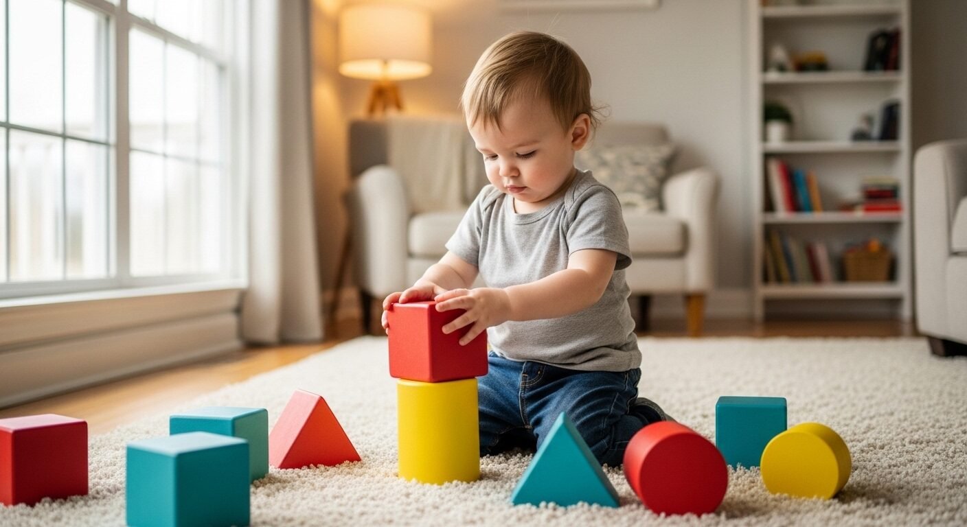 Bé 2 tuổi say sưa chơi khối hình màu sắc trong phòng khách ấm cúng, một phần của cách dạy trẻ 2 tuổi biết nghe lời qua các hoạt động phát triển tư duy.