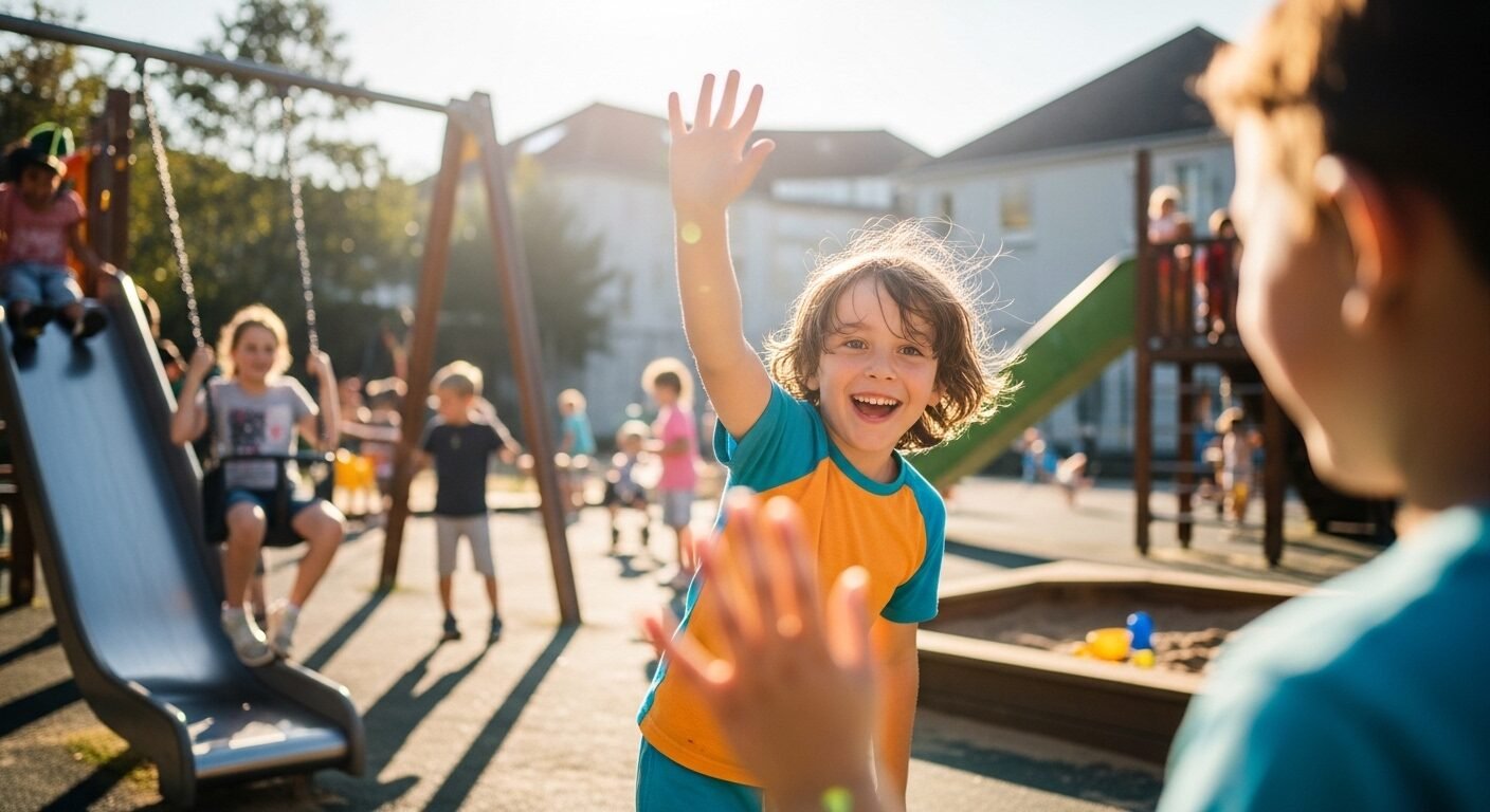 Học sinh nhỏ đứng thẳng, giao tiếp bằng mắt và lễ phép chào giáo viên tại cửa lớp học sinh động. Hình ảnh minh họa cách dạy trẻ kỹ năng chào hỏi lễ phép hiệu quả.