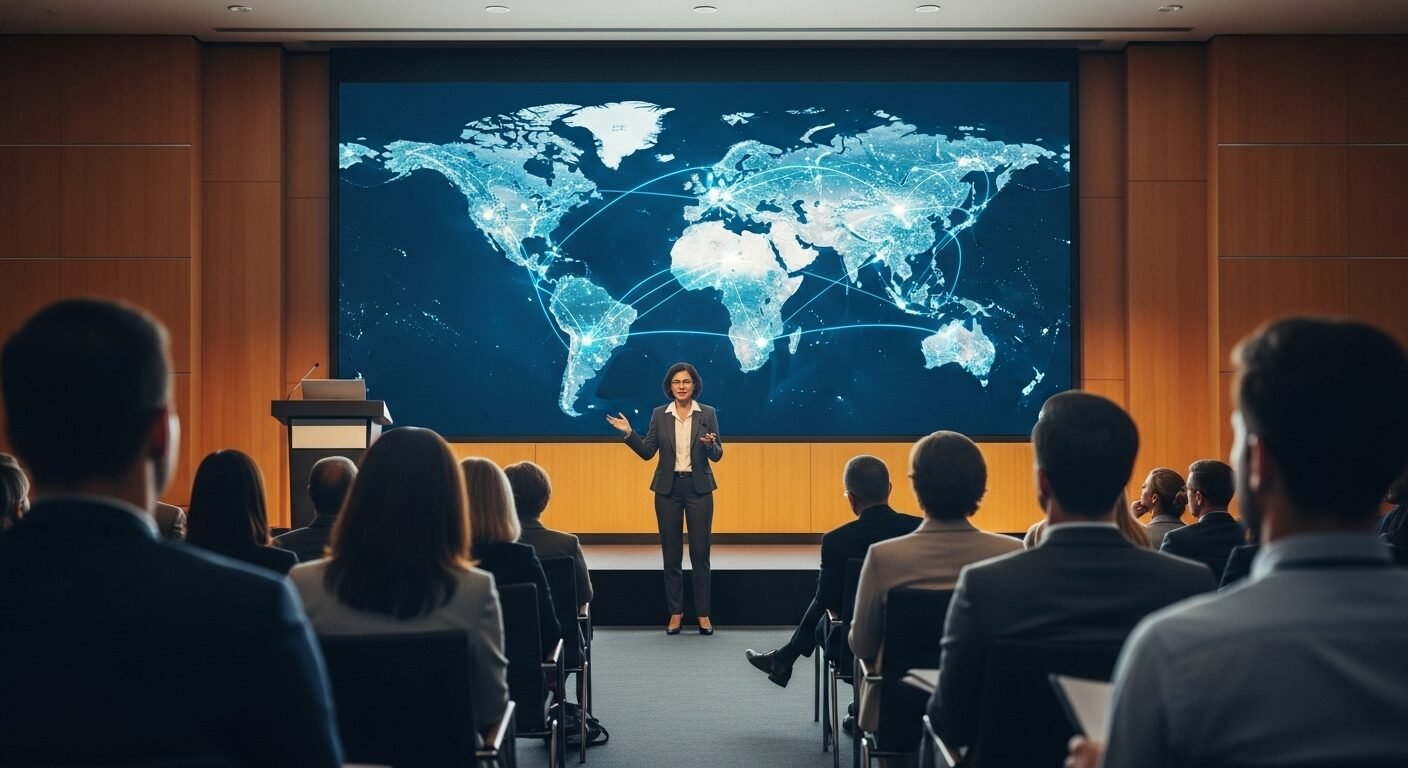 Diễn giả tại hội nghị quốc tế trình bày về chính sách hỗ trợ đào tạo tiến sĩ Hà Nội và hợp tác nghiên cứu toàn cầu, với bản đồ thế giới trên màn hình lớn. Diễn giả tại hội nghị quốc tế trình bày về chính sách hỗ trợ đào tạo tiến sĩ Hà Nội và hợp tác nghiên cứu toàn cầu, với bản đồ thế giới trên màn hình lớn.