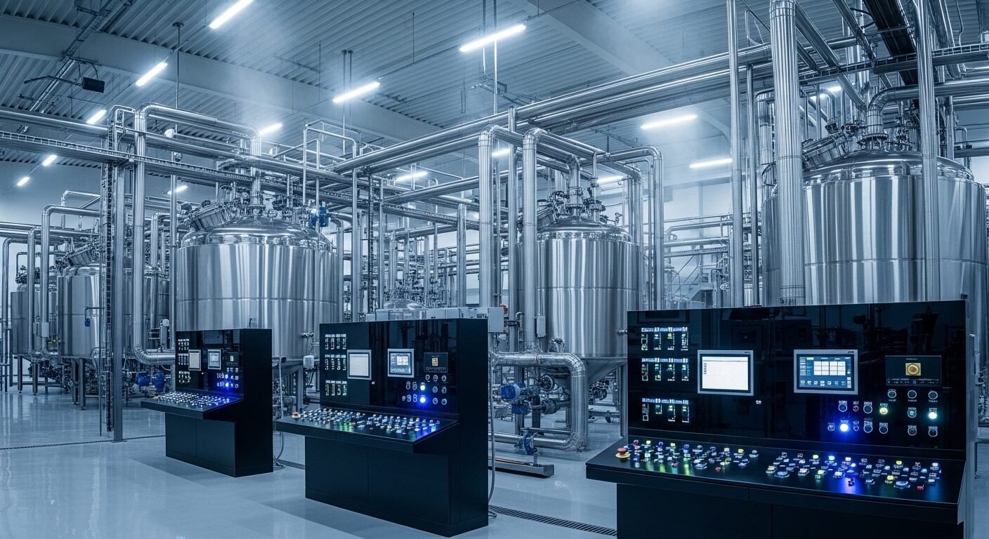 Cơ sở sản xuất hóa chất công nghệ cao, hiện đại với bồn thép không gỉ và hệ thống điều khiển chính xác, minh họa tiềm năng phát triển của các ngành học lương cao trong lĩnh vực công nghiệp.