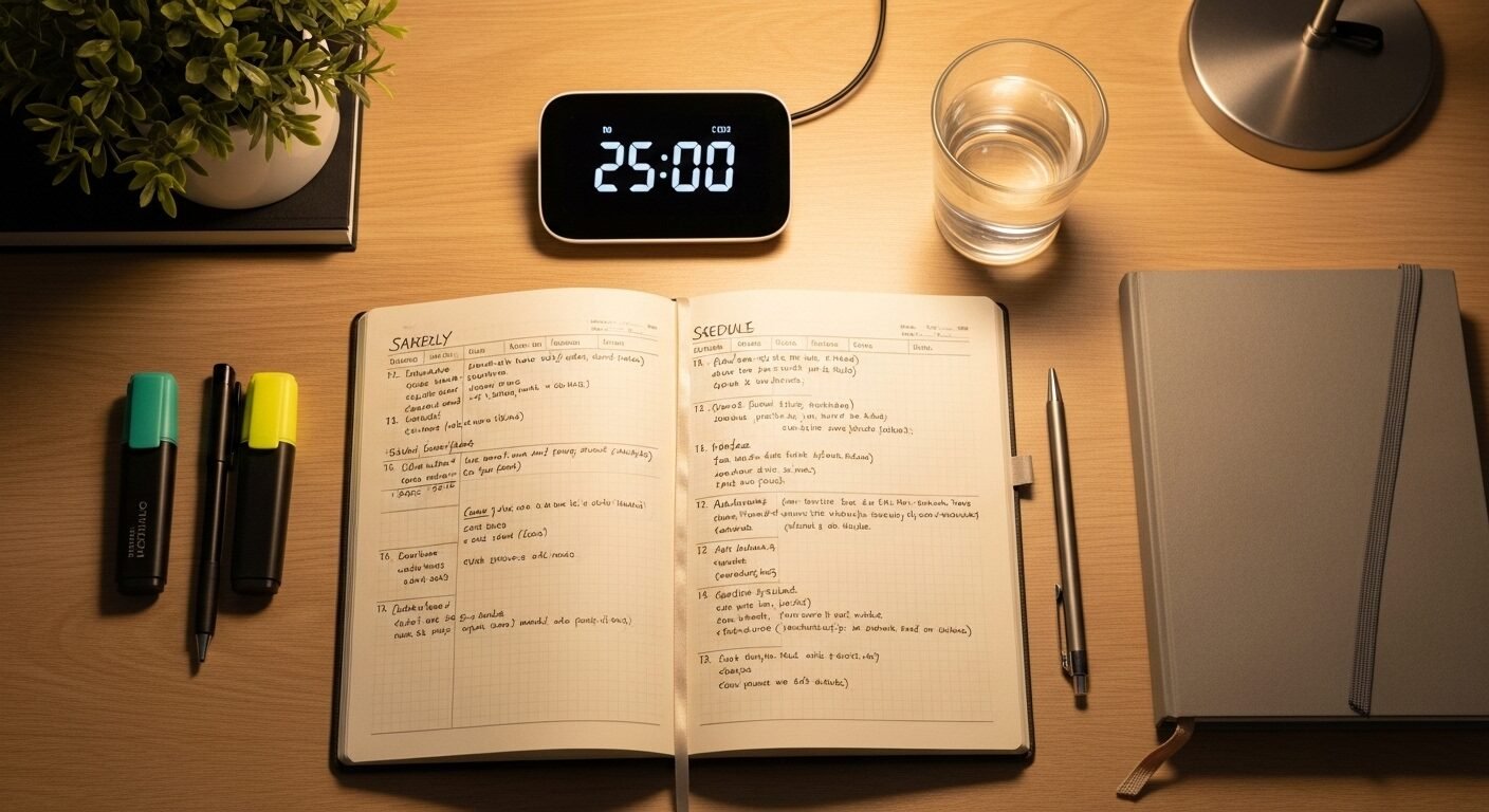 Bàn học ngăn nắp với lịch trình hàng ngày, đồng hồ hẹn giờ và sách giáo khoa, thể hiện môi trường lý tưởng cho cách dạy con học giỏi và tập trung. Bàn học ngăn nắp với lịch trình hàng ngày, đồng hồ hẹn giờ và sách giáo khoa, thể hiện môi trường lý tưởng cho cách dạy con học giỏi và tập trung.