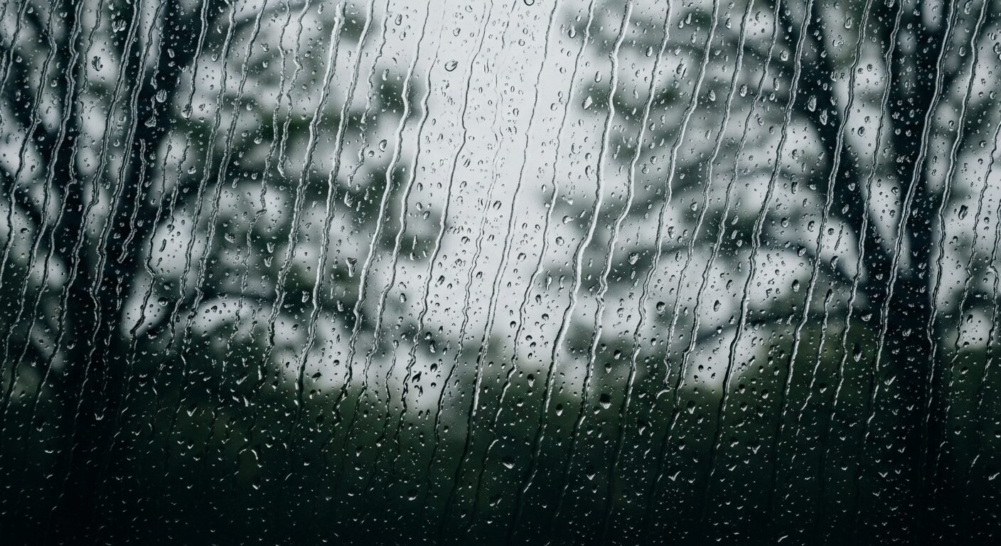 Mưa lớn xối xả trên kính cửa sổ, làm mờ cảnh vật bên ngoài u ám. Khung cảnh như một thành phần biệt lập nhìn ra thế giới ẩm ướt với cành cây ướt át dưới bầu trời đầy mây.