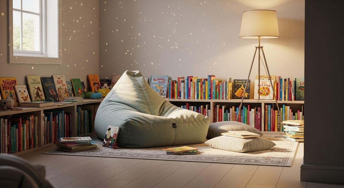 Góc đọc sách trẻ em ấm cúng với ghế lười, kệ đầy sách tranh màu sắc, tạo môi trường lý tưởng cho cách dạy trẻ lớp 1 đánh vần.